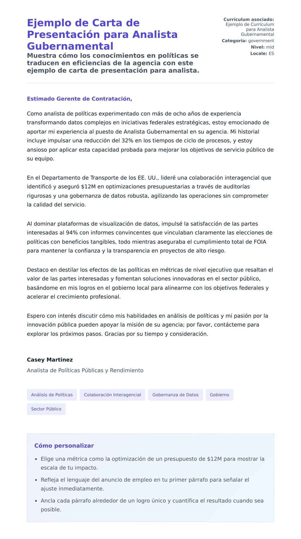 Vista previa de la carta para Ejemplo de Carta de Presentación para Analista Gubernamental