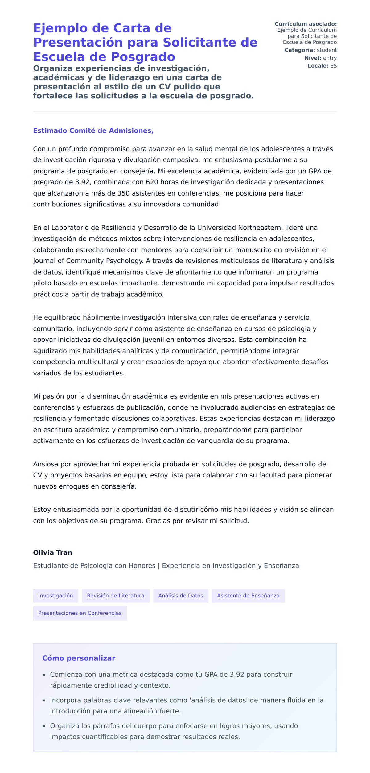 Vista previa de la carta para Ejemplo de Carta de Presentación para Solicitante de Escuela de Posgrado
