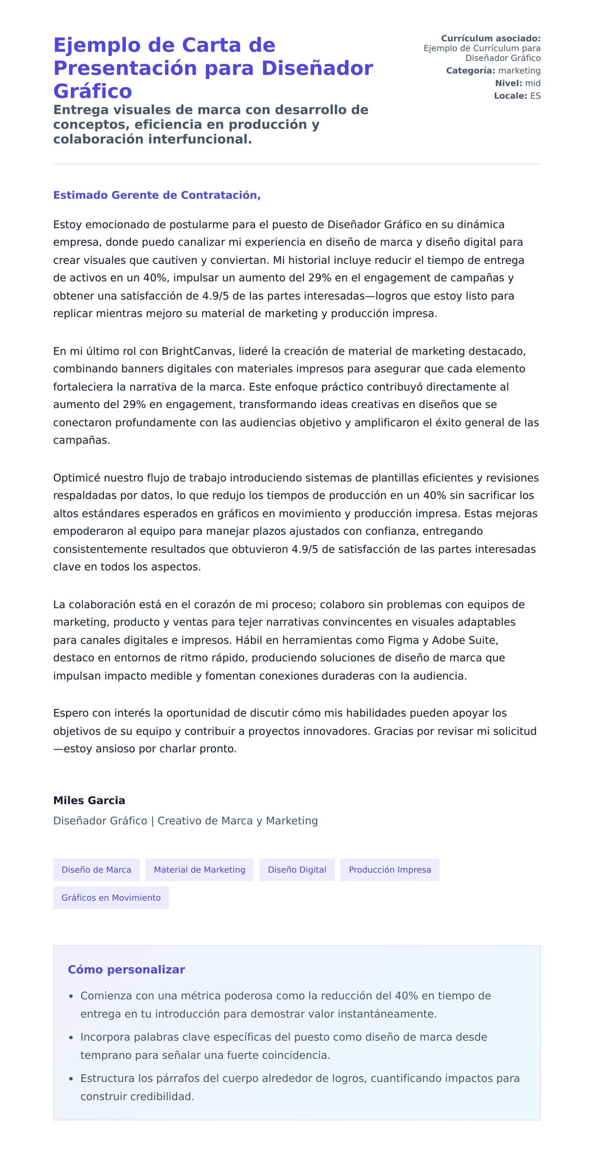 Vista previa de la carta para Ejemplo de Carta de Presentación para Diseñador Gráfico
