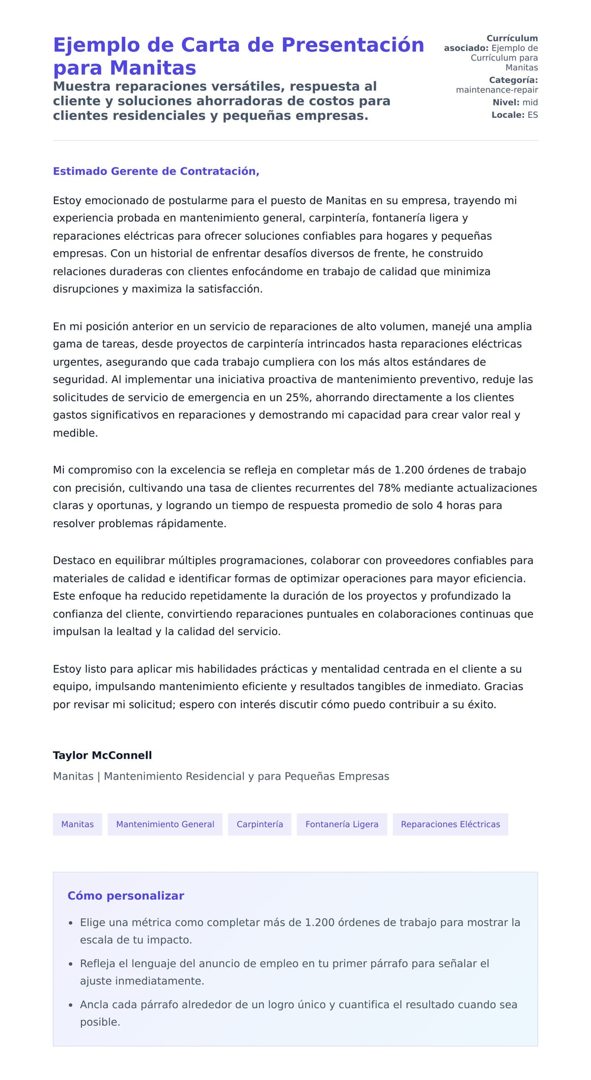 Vista previa de la carta para Ejemplo de Carta de Presentación para Manitas