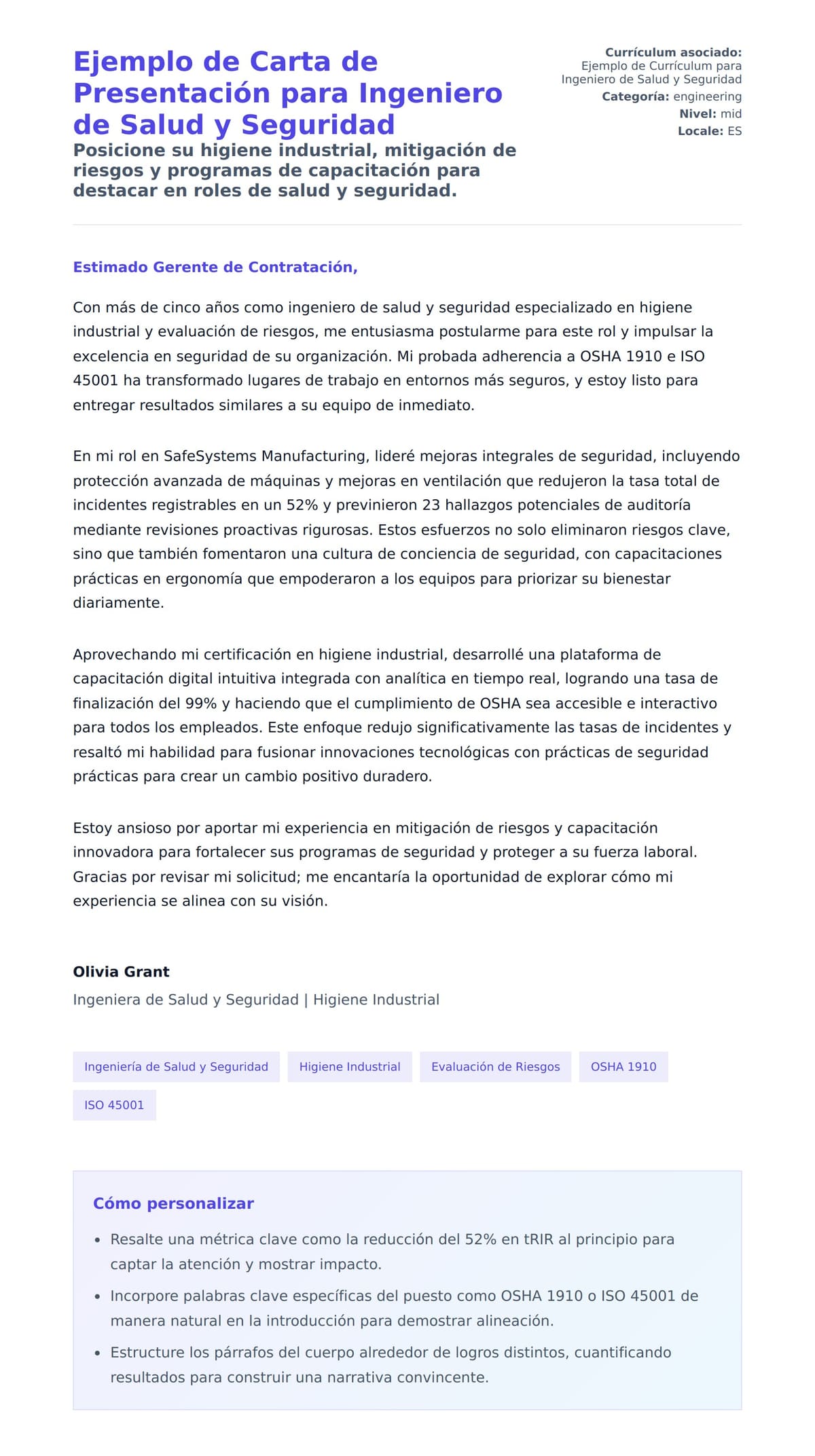 Vista previa de la carta para Ejemplo de Carta de Presentación para Ingeniero de Salud y Seguridad
