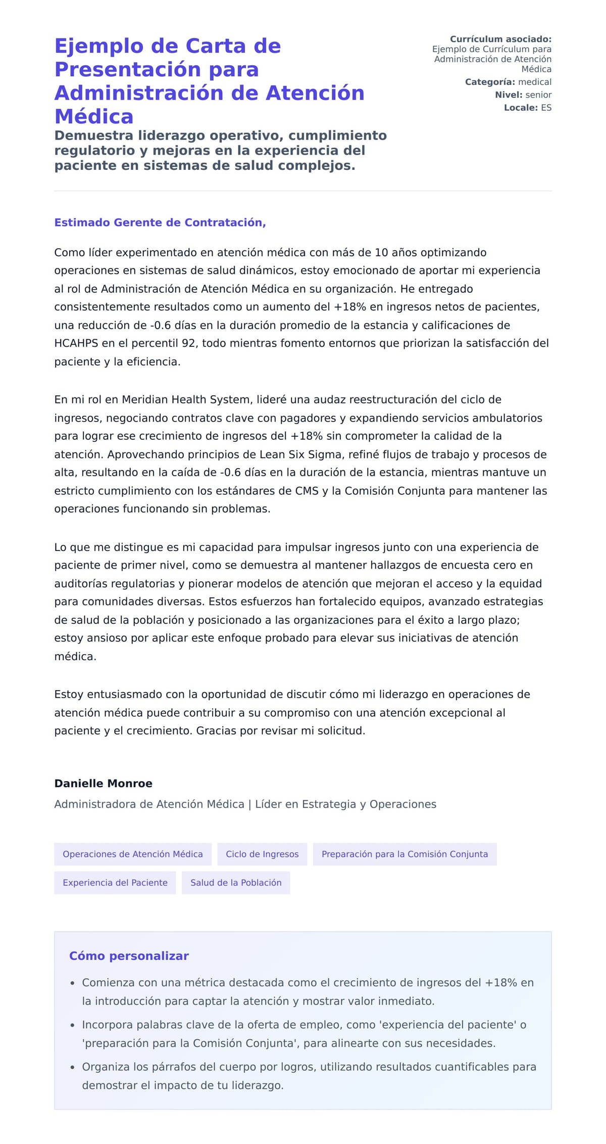Vista previa de la carta para Ejemplo de Carta de Presentación para Administración de Atención Médica