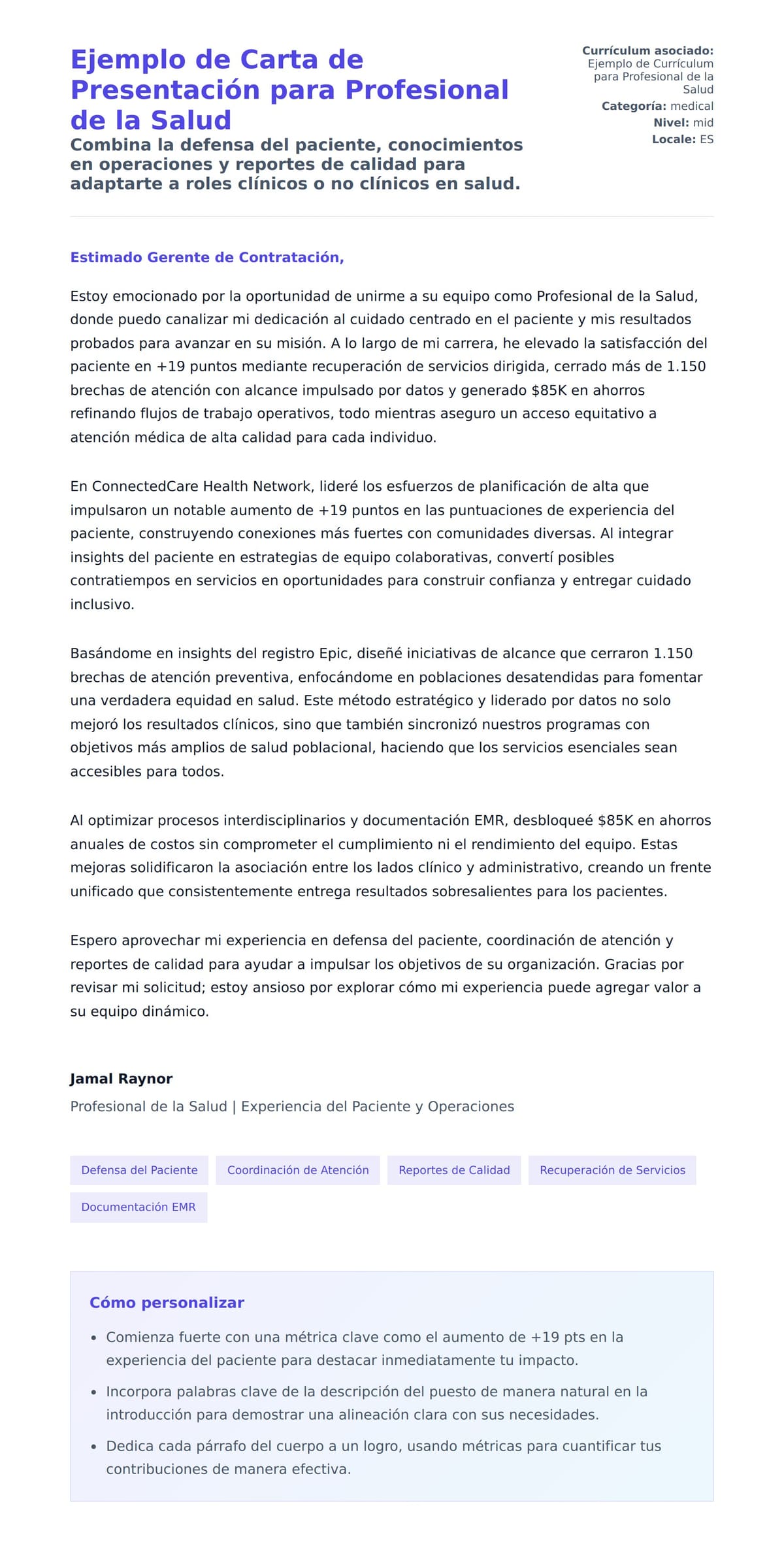 Vista previa de la carta para Ejemplo de Carta de Presentación para Profesional de la Salud