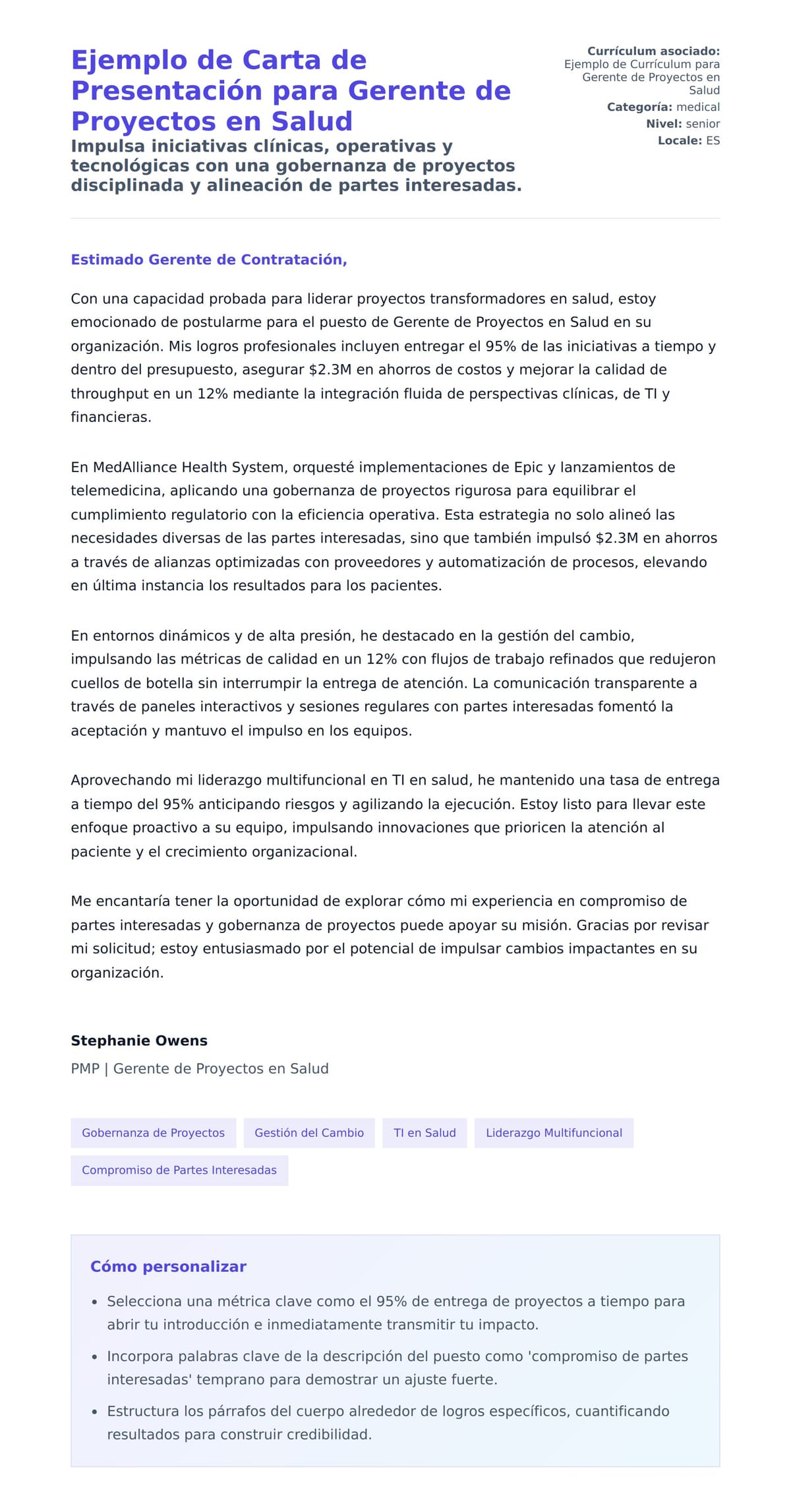Vista previa de la carta para Ejemplo de Carta de Presentación para Gerente de Proyectos en Salud