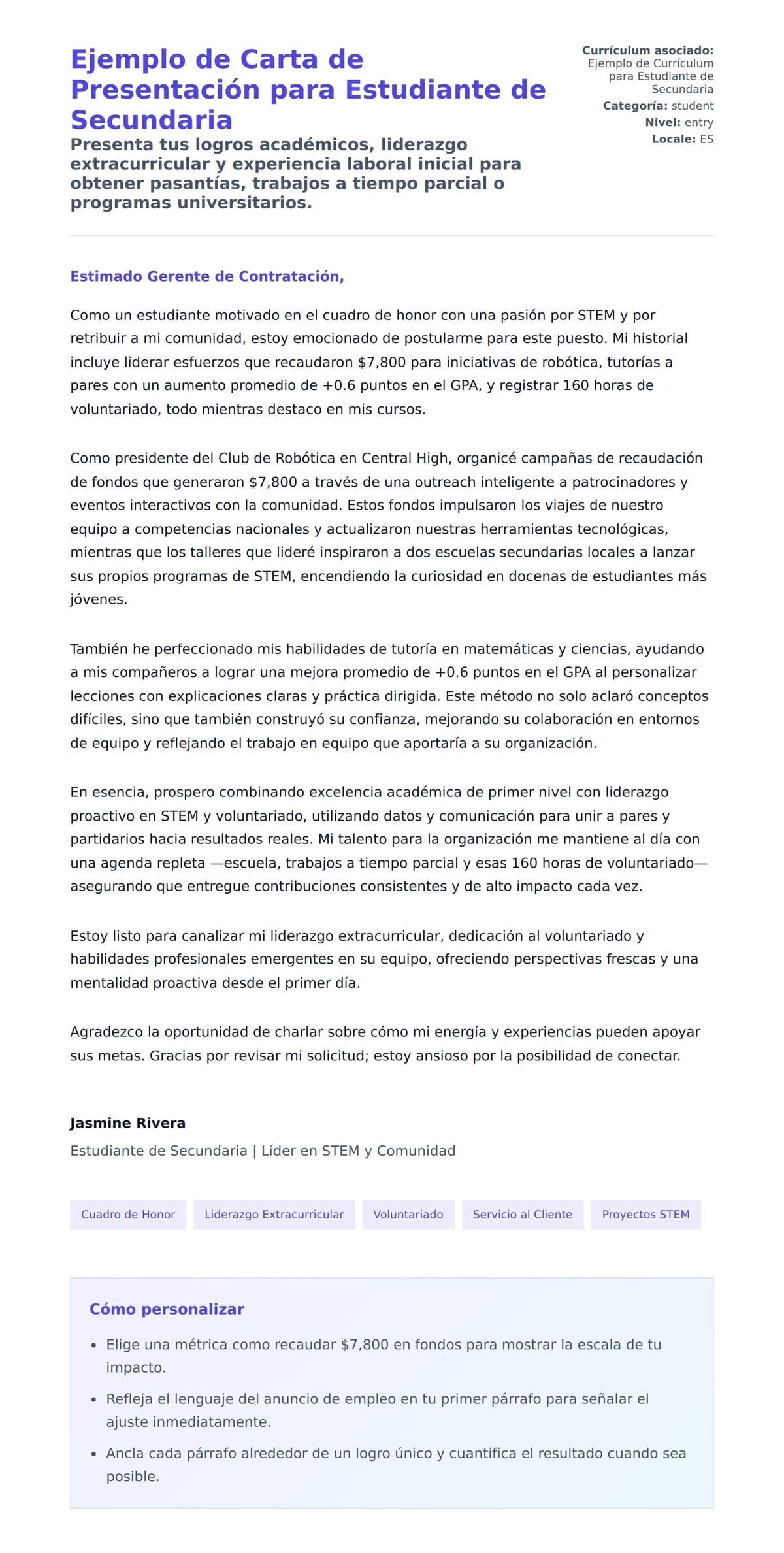 Vista previa de la carta para Ejemplo de Carta de Presentación para Estudiante de Secundaria