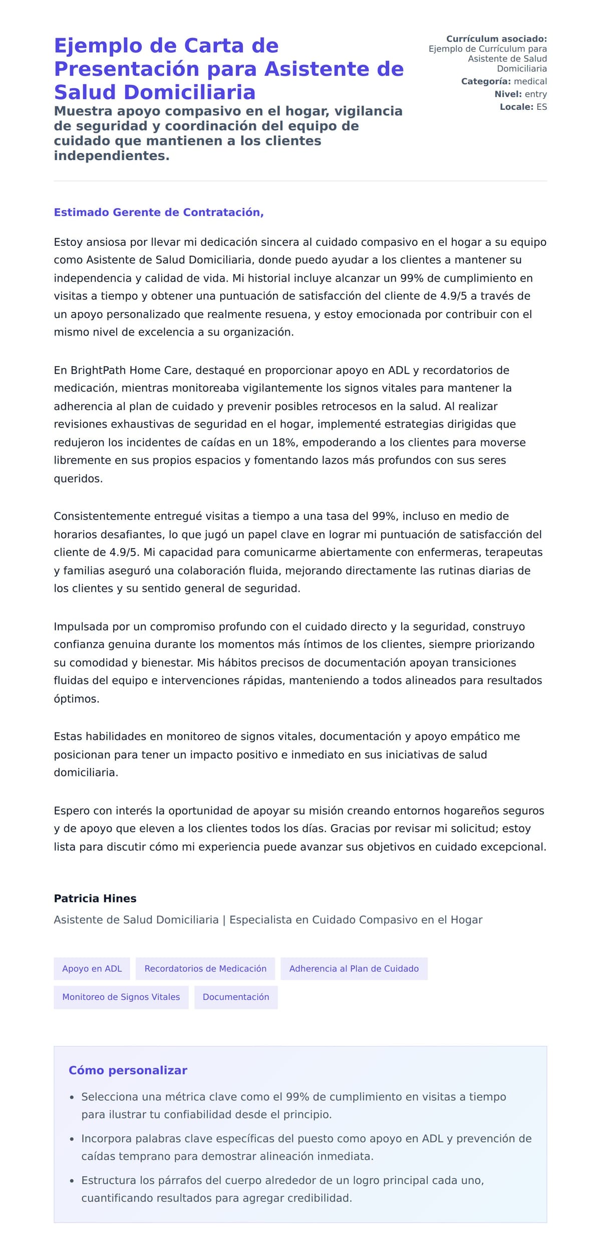 Vista previa de la carta para Ejemplo de Carta de Presentación para Asistente de Salud Domiciliaria