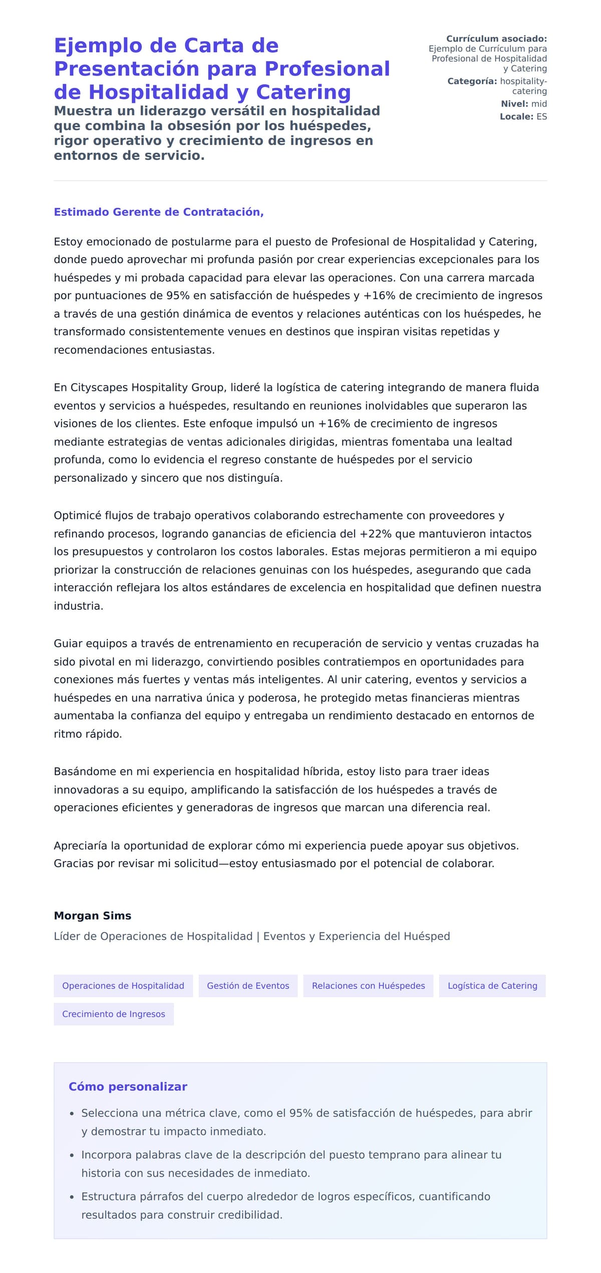 Vista previa de la carta para Ejemplo de Carta de Presentación para Profesional de Hospitalidad y Catering