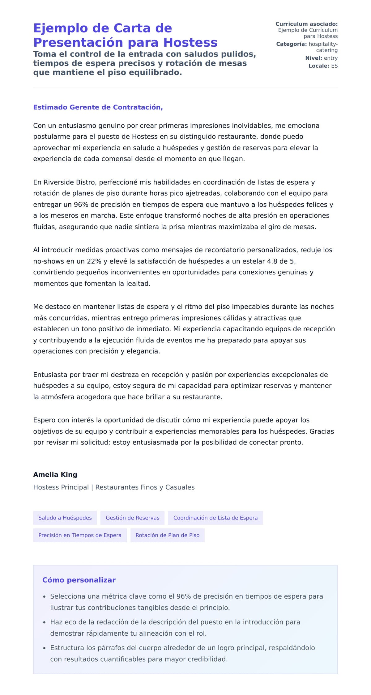 Vista previa de la carta para Ejemplo de Carta de Presentación para Hostess