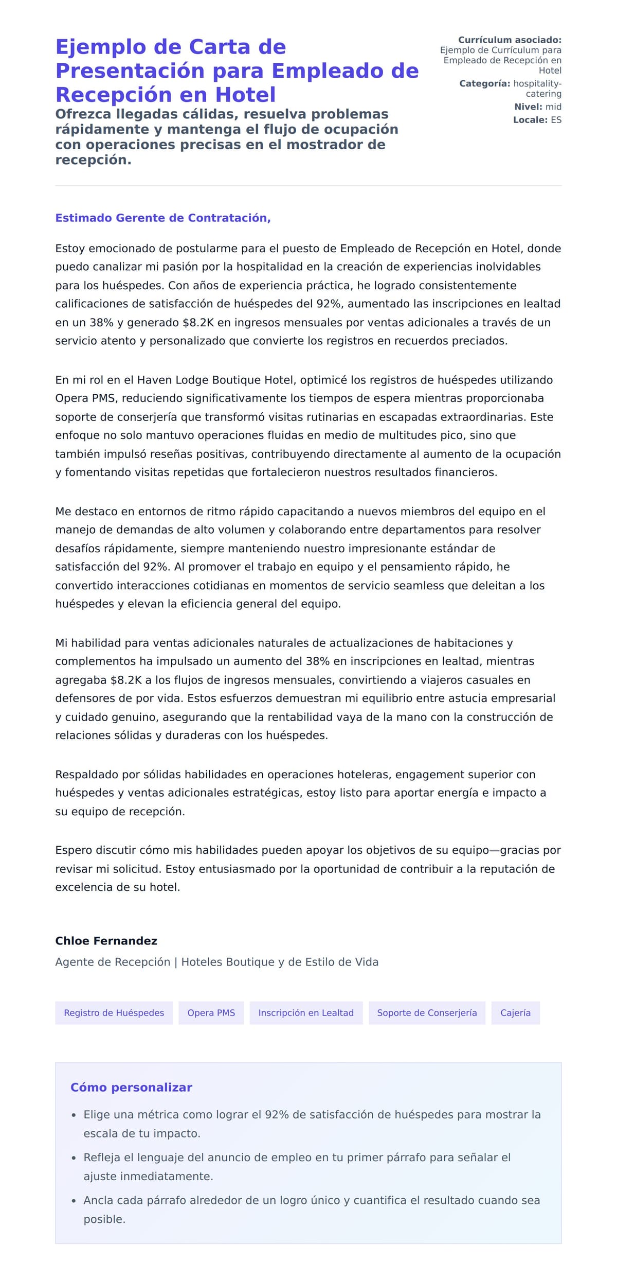 Vista previa de la carta para Ejemplo de Carta de Presentación para Empleado de Recepción en Hotel