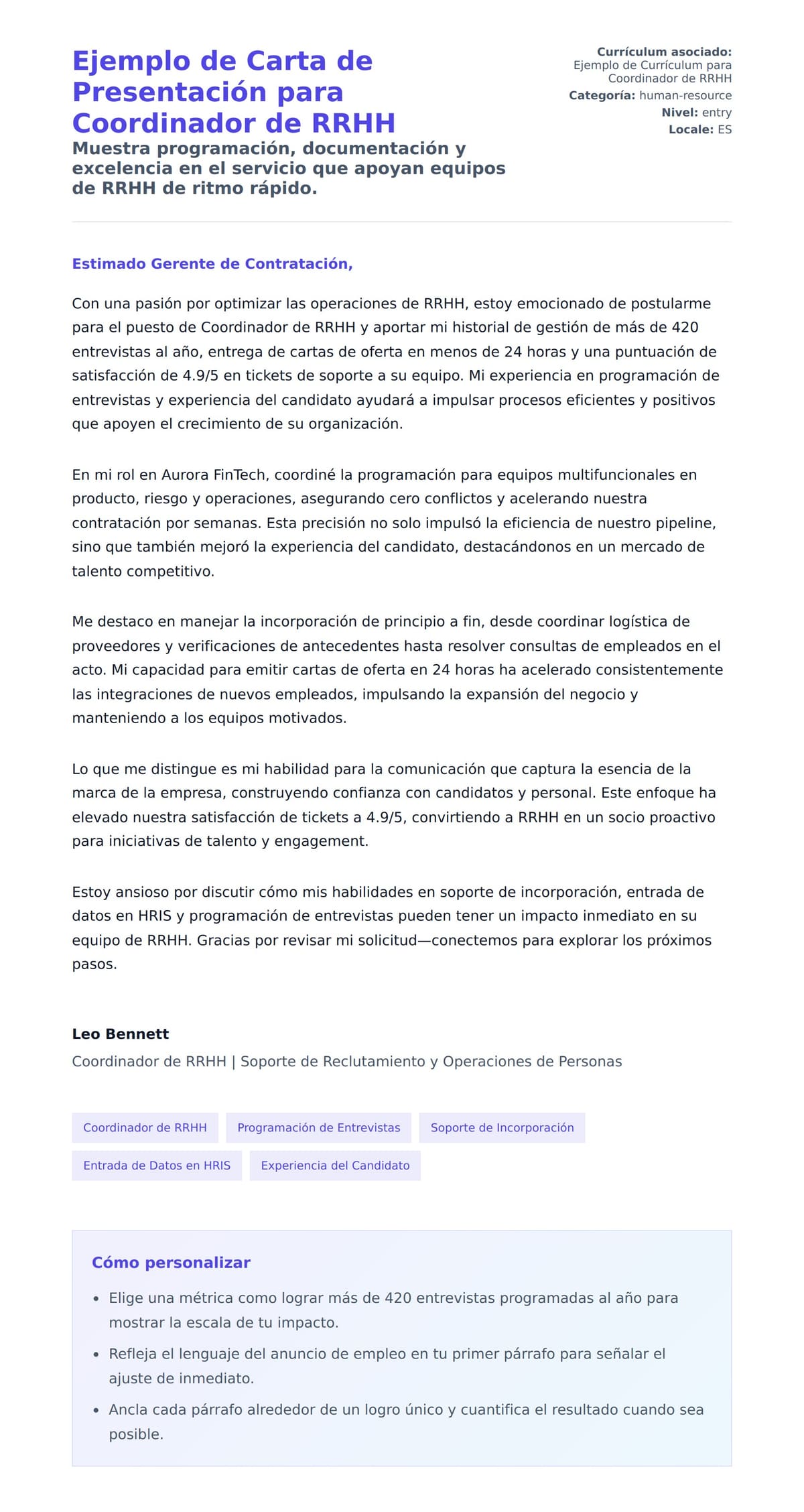 Vista previa de la carta para Ejemplo de Carta de Presentación para Coordinador de RRHH