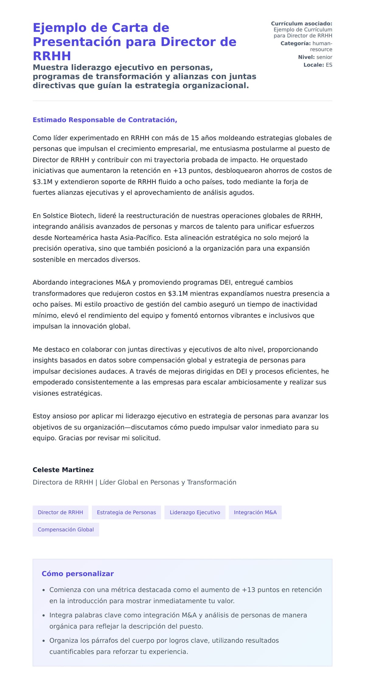 Vista previa de la carta para Ejemplo de Carta de Presentación para Director de RRHH