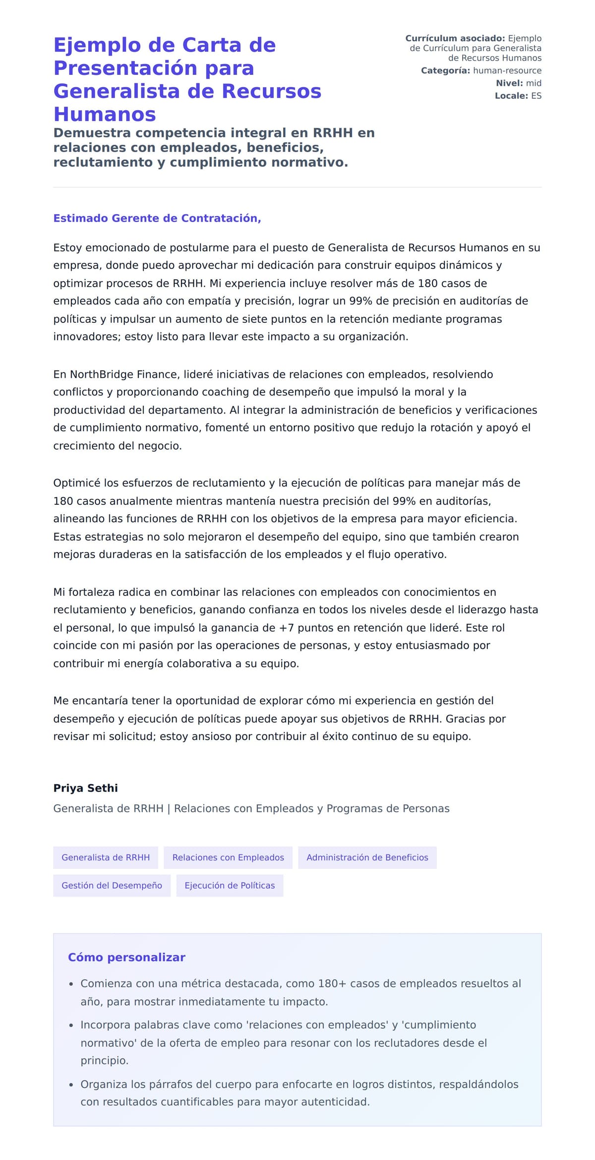 Vista previa de la carta para Ejemplo de Carta de Presentación para Generalista de Recursos Humanos