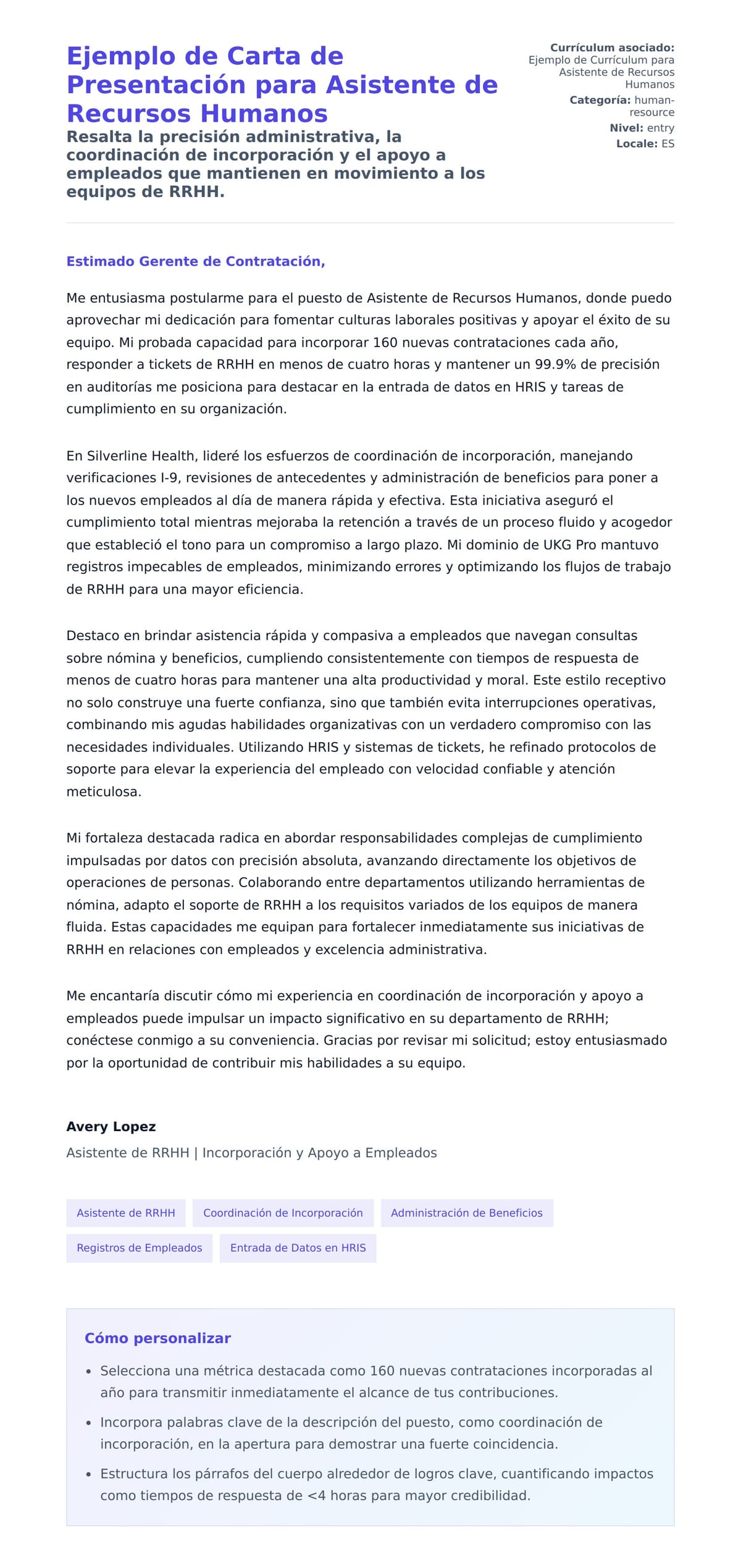 Vista previa de la carta para Ejemplo de Carta de Presentación para Asistente de Recursos Humanos
