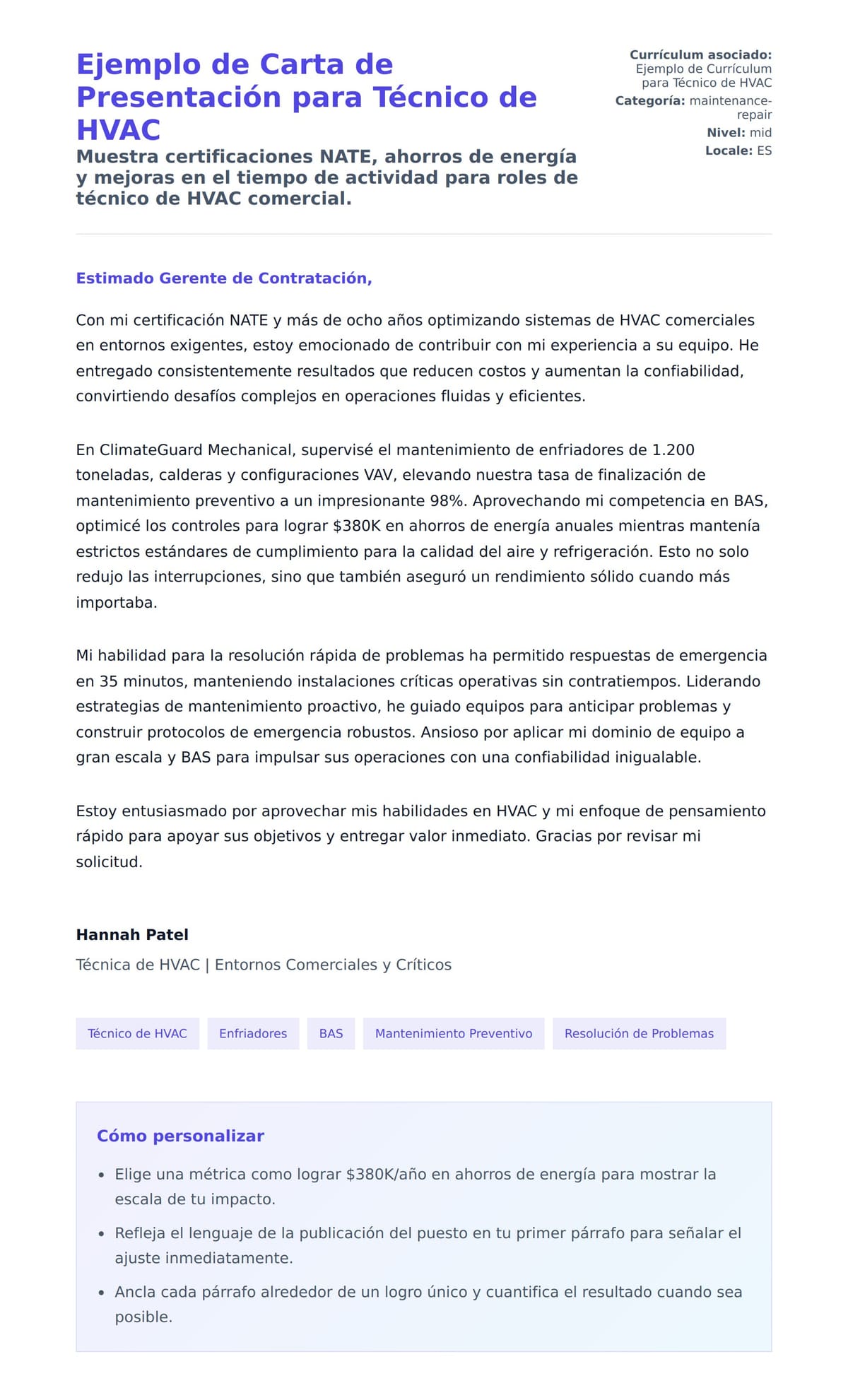 Vista previa de la carta para Ejemplo de Carta de Presentación para Técnico de HVAC