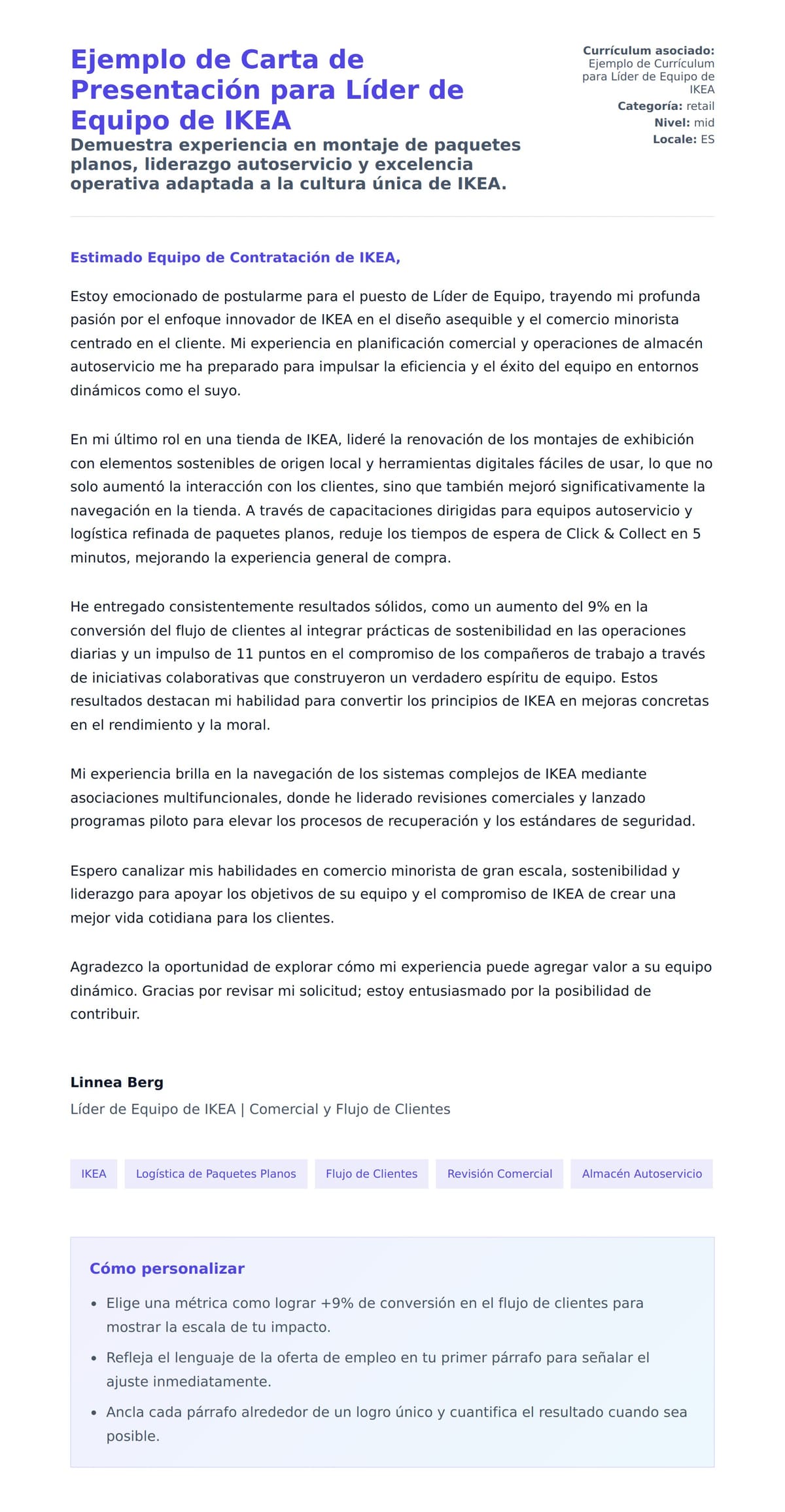 Vista previa de la carta para Ejemplo de Carta de Presentación para Líder de Equipo de IKEA