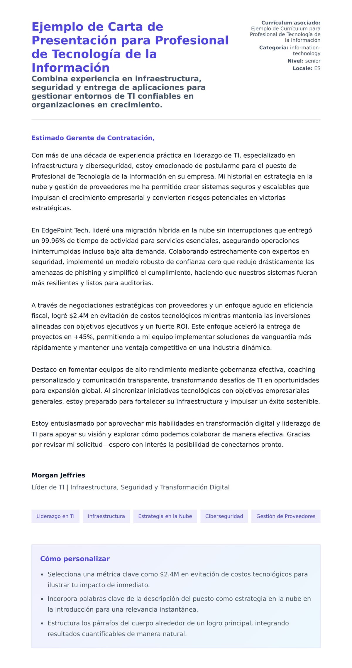 Vista previa de la carta para Ejemplo de Carta de Presentación para Profesional de Tecnología de la Información
