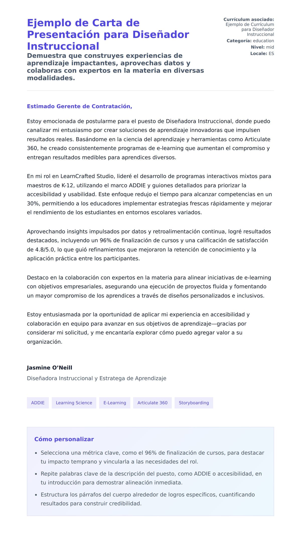 Vista previa de la carta para Ejemplo de Carta de Presentación para Diseñador Instruccional
