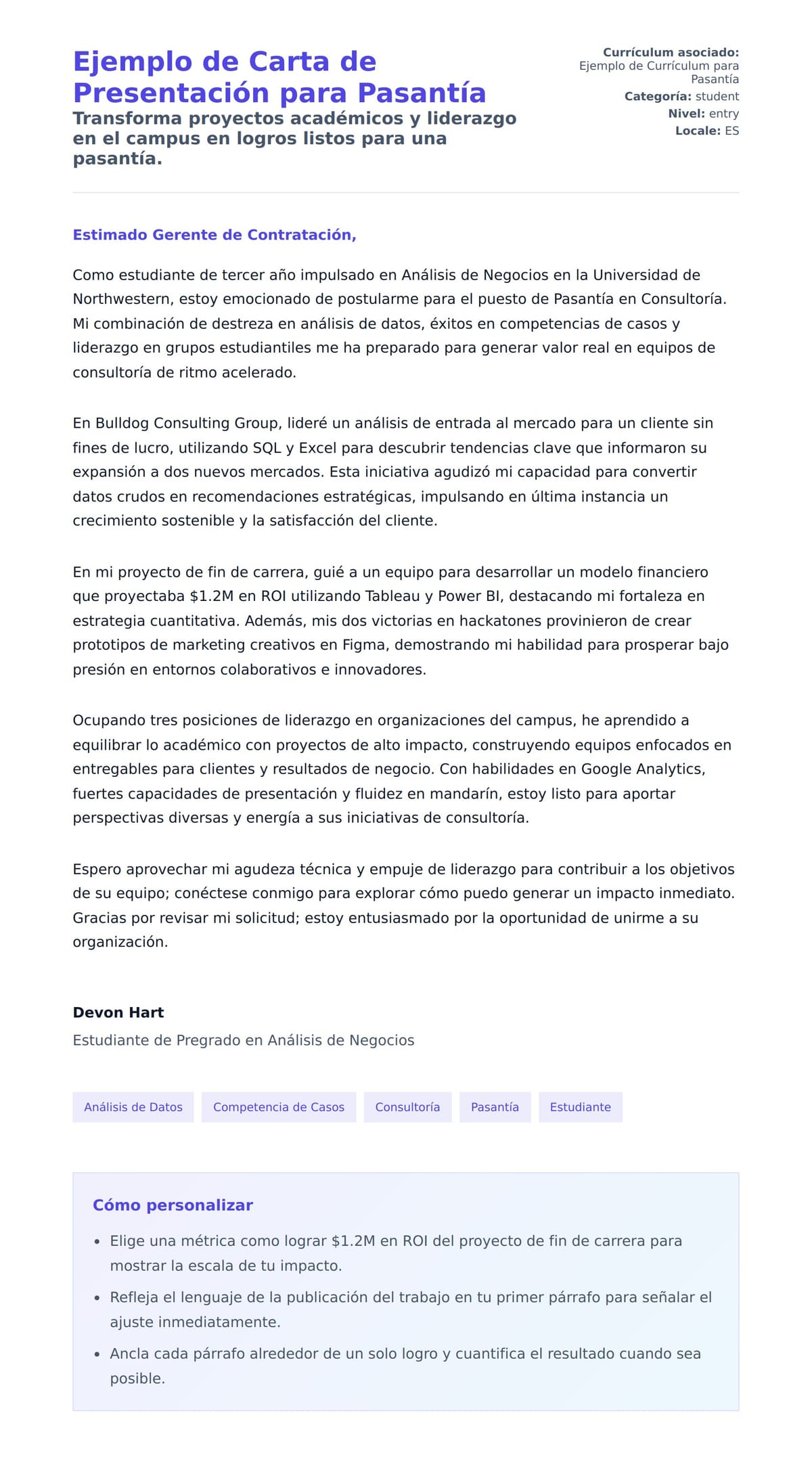 Vista previa de la carta para Ejemplo de Carta de Presentación para Pasantía