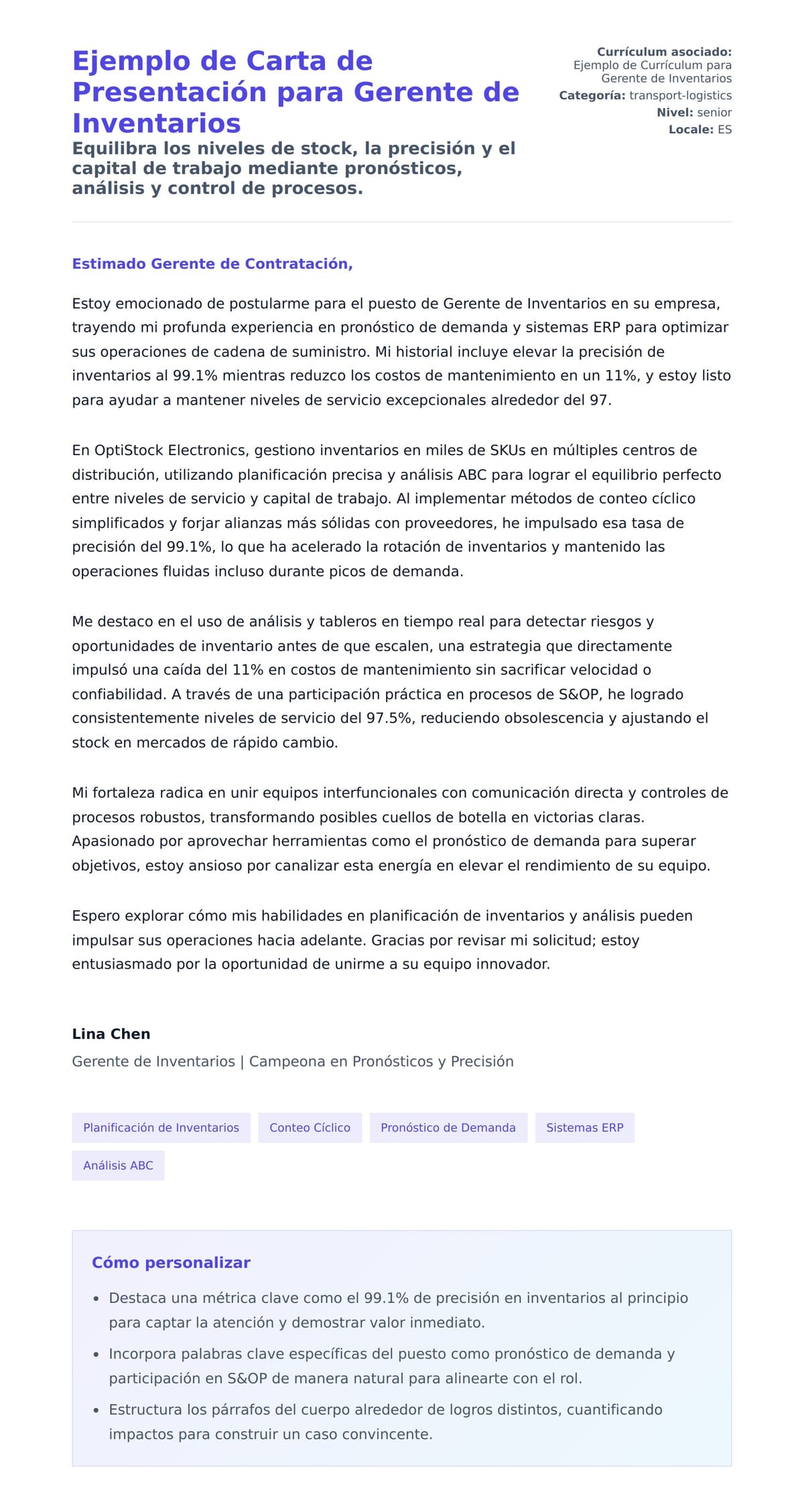 Vista previa de la carta para Ejemplo de Carta de Presentación para Gerente de Inventarios