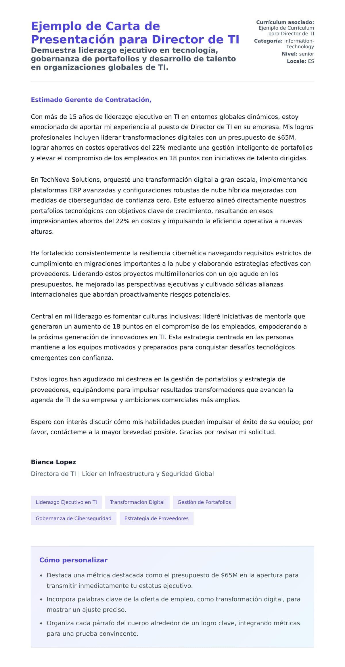 Vista previa de la carta para Ejemplo de Carta de Presentación para Director de TI