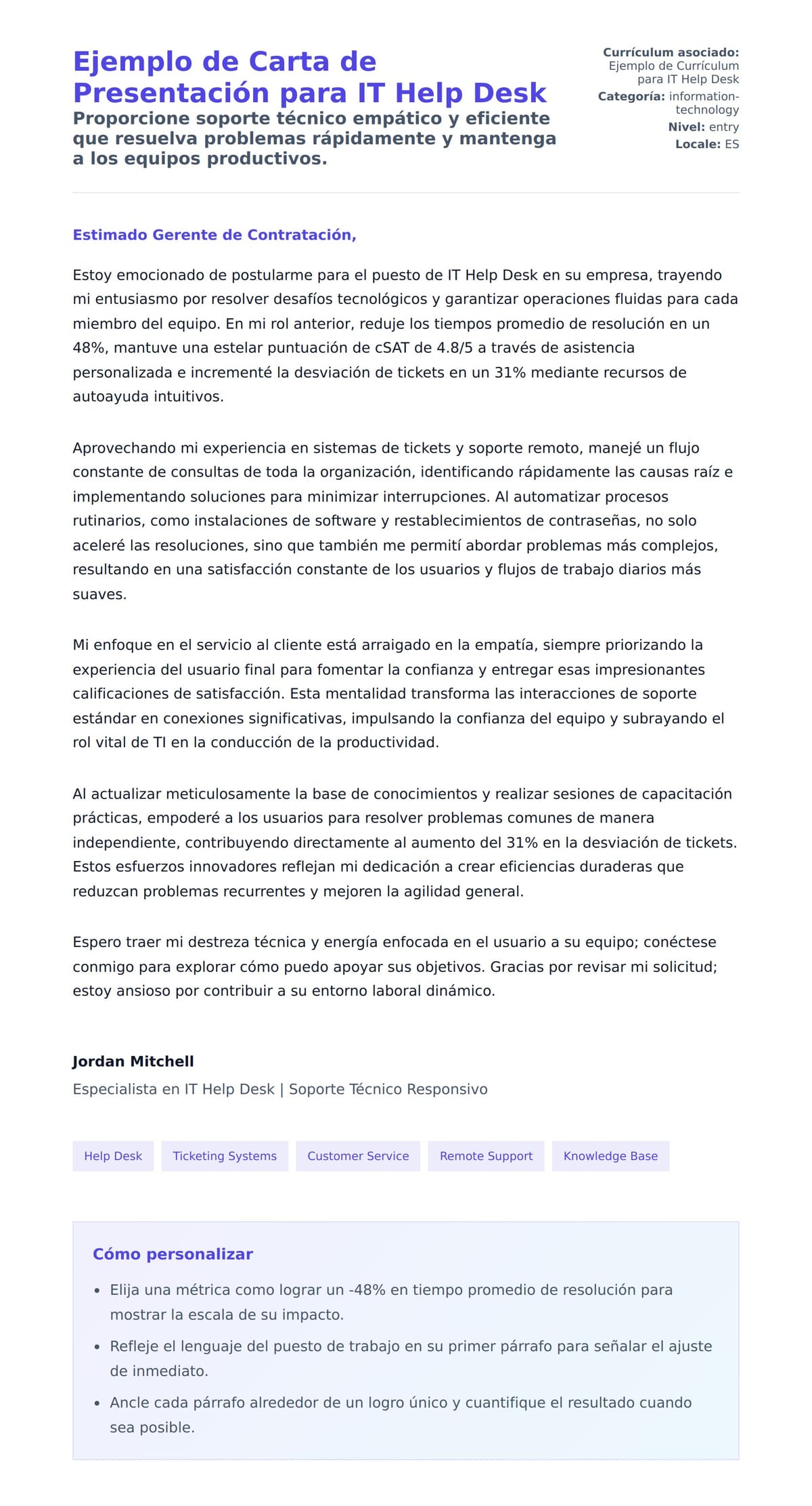 Vista previa de la carta para Ejemplo de Carta de Presentación para IT Help Desk