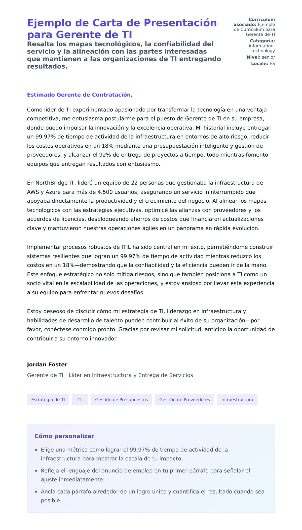 Vista previa de la carta para Ejemplo de Carta de Presentación para Gerente de TI