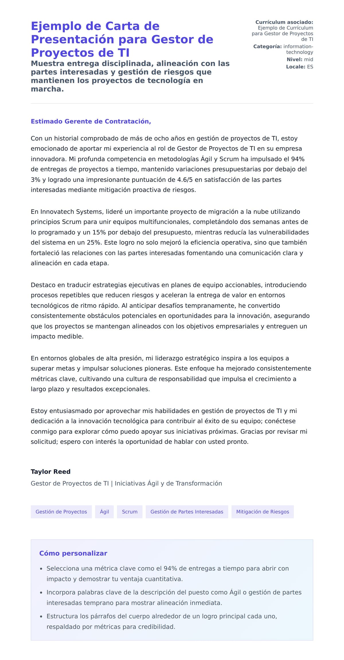 Vista previa de la carta para Ejemplo de Carta de Presentación para Gestor de Proyectos de TI