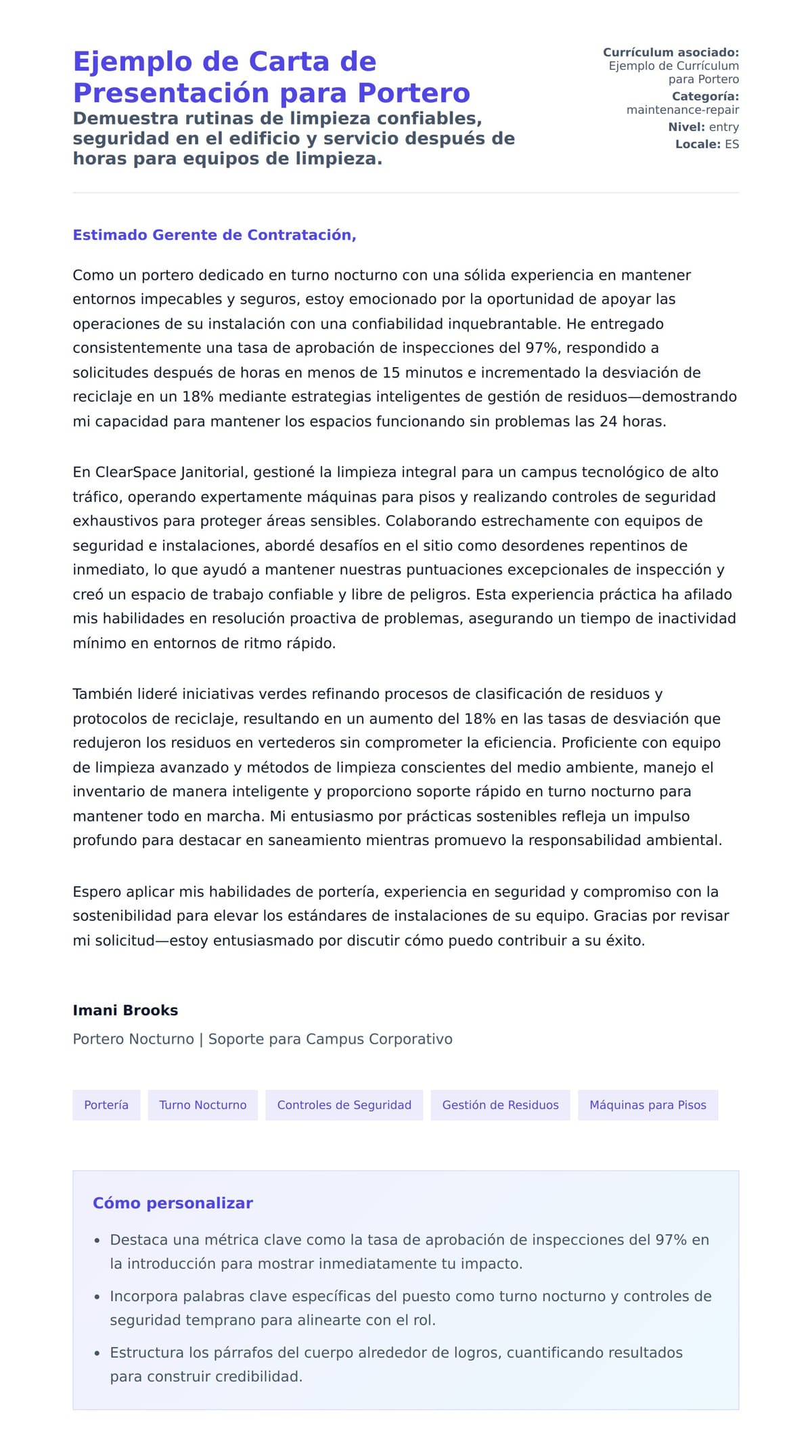 Vista previa de la carta para Ejemplo de Carta de Presentación para Portero