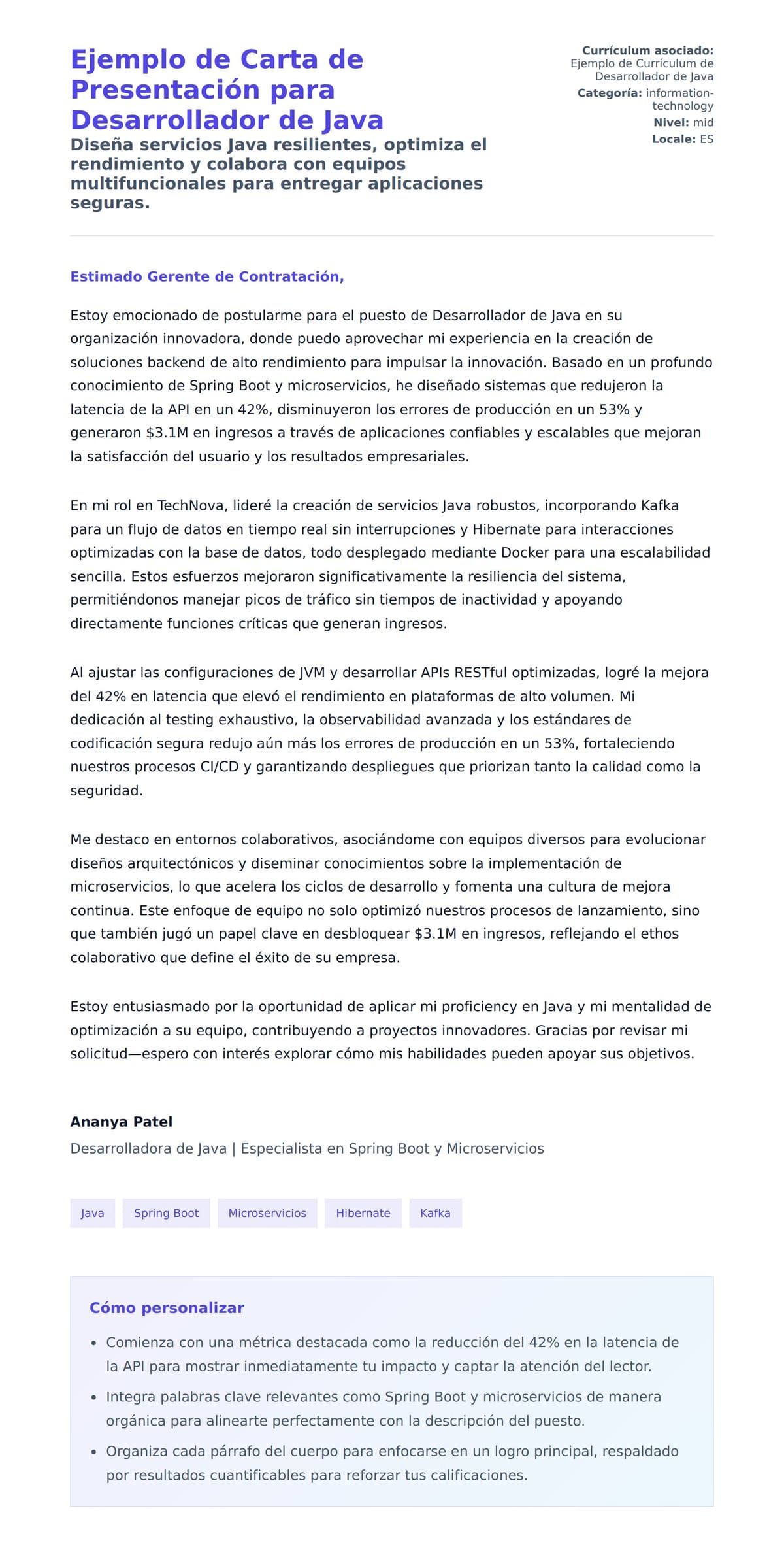 Vista previa de la carta para Ejemplo de Carta de Presentación para Desarrollador de Java