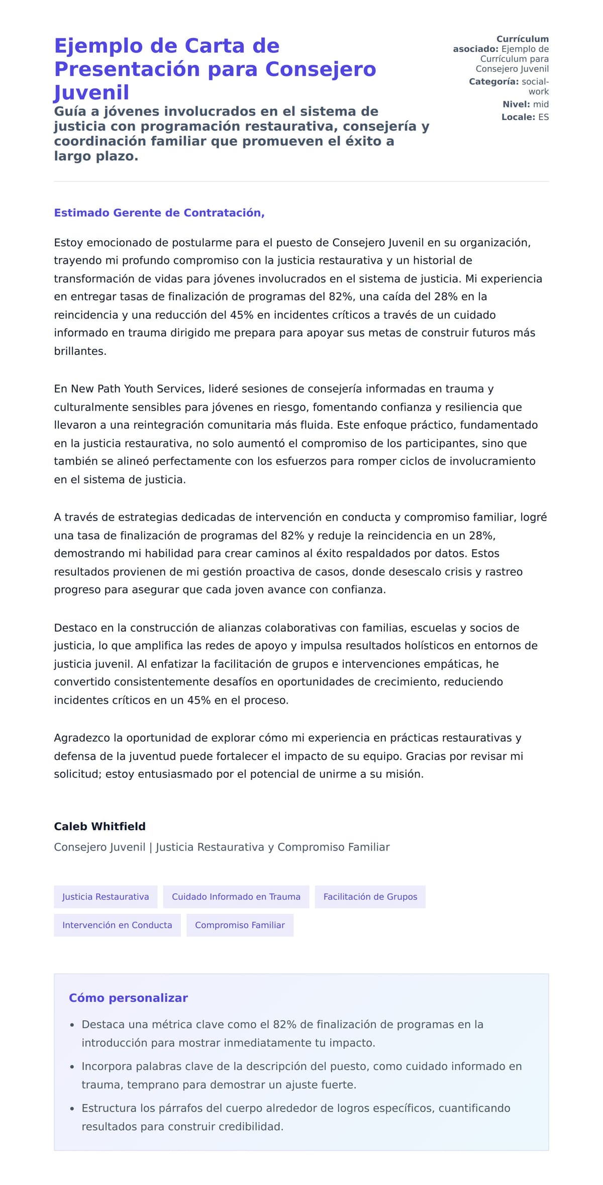 Vista previa de la carta para Ejemplo de Carta de Presentación para Consejero Juvenil