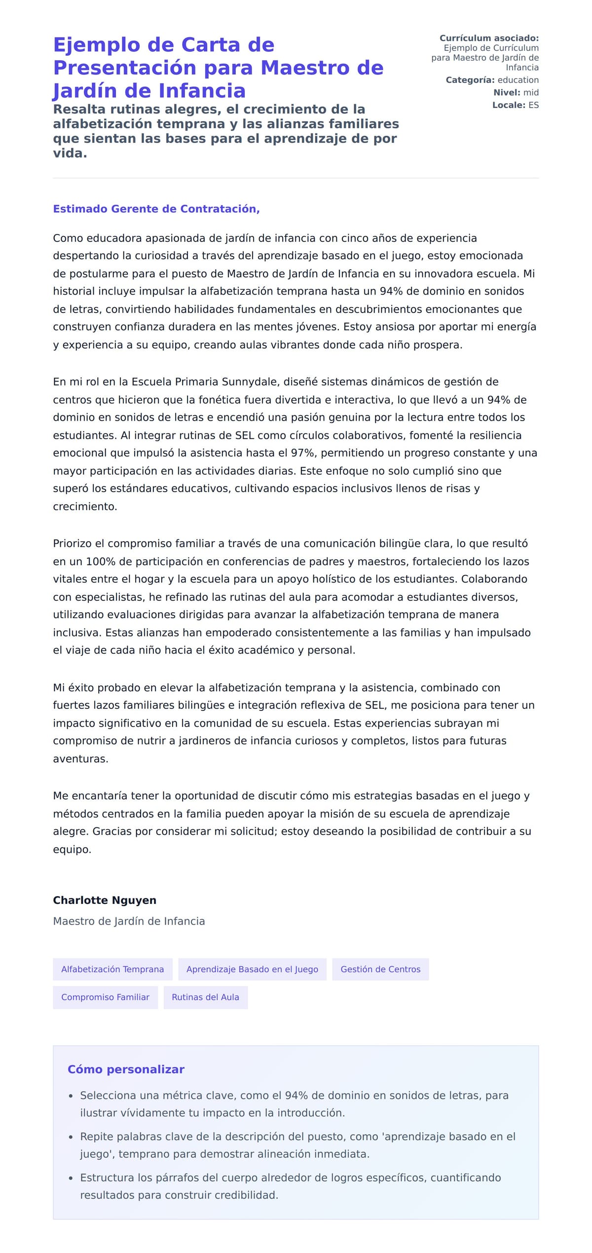 Vista previa de la carta para Ejemplo de Carta de Presentación para Maestro de Jardín de Infancia