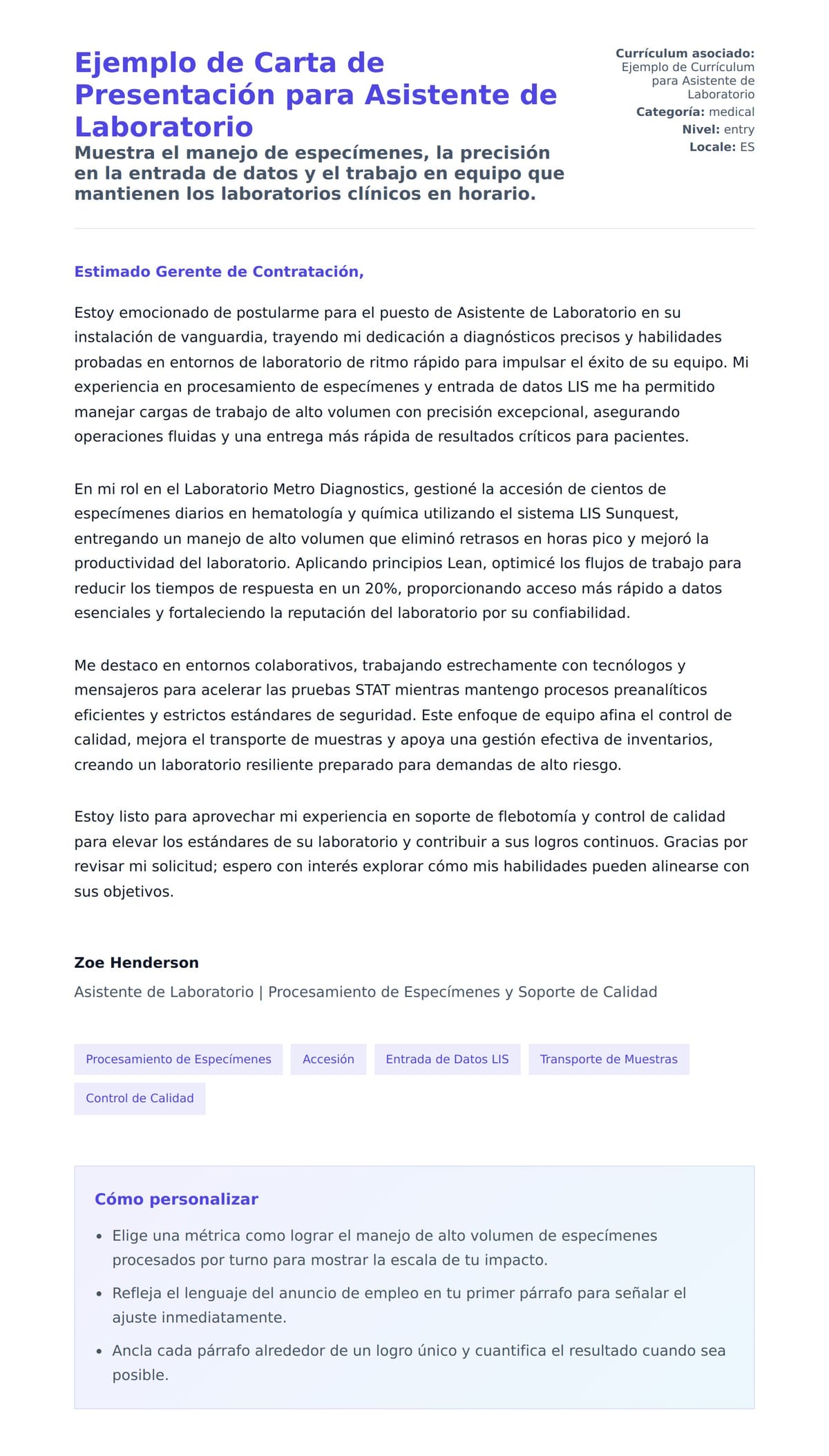 Vista previa de la carta para Ejemplo de Carta de Presentación para Asistente de Laboratorio