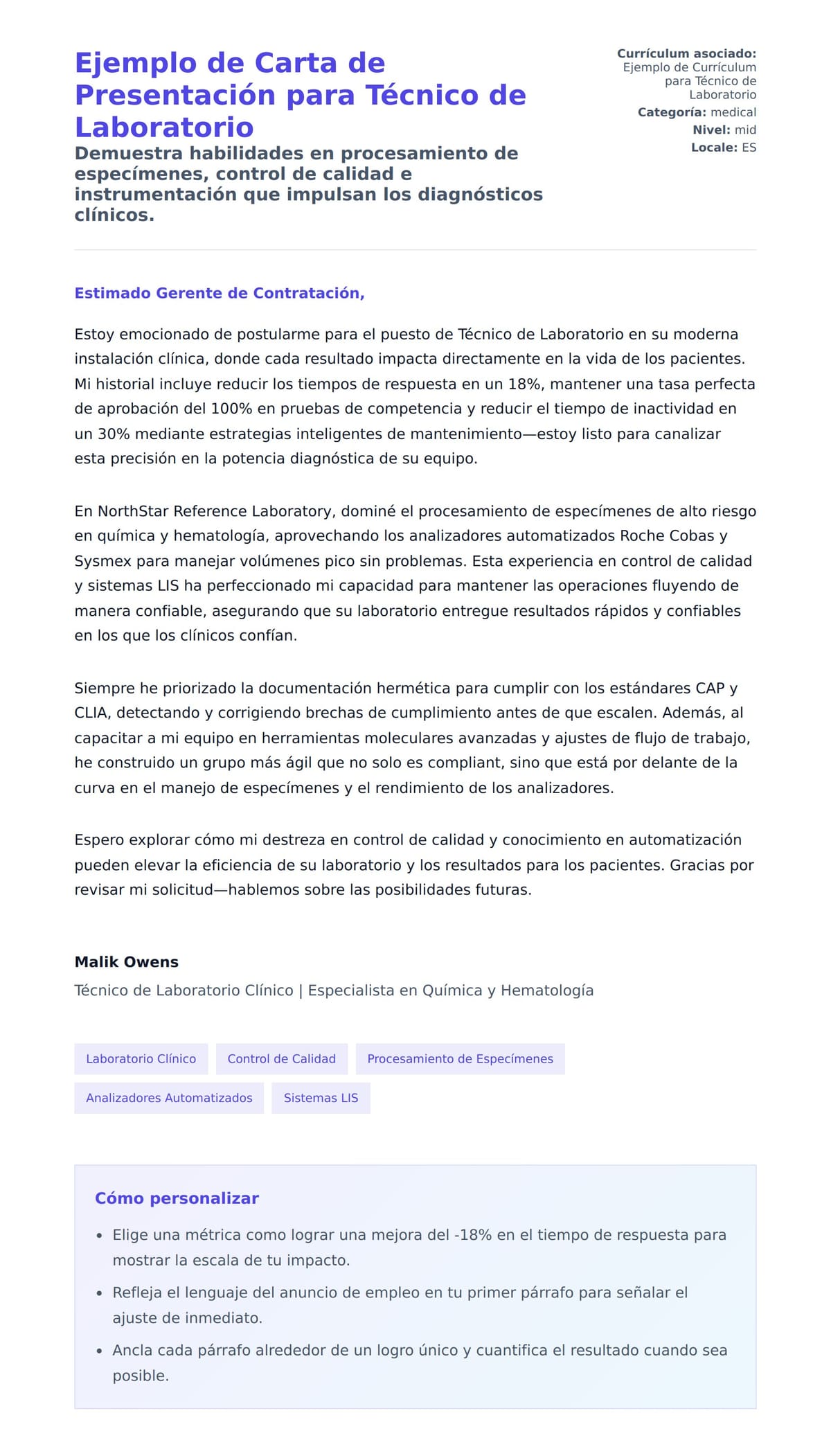 Vista previa de la carta para Ejemplo de Carta de Presentación para Técnico de Laboratorio