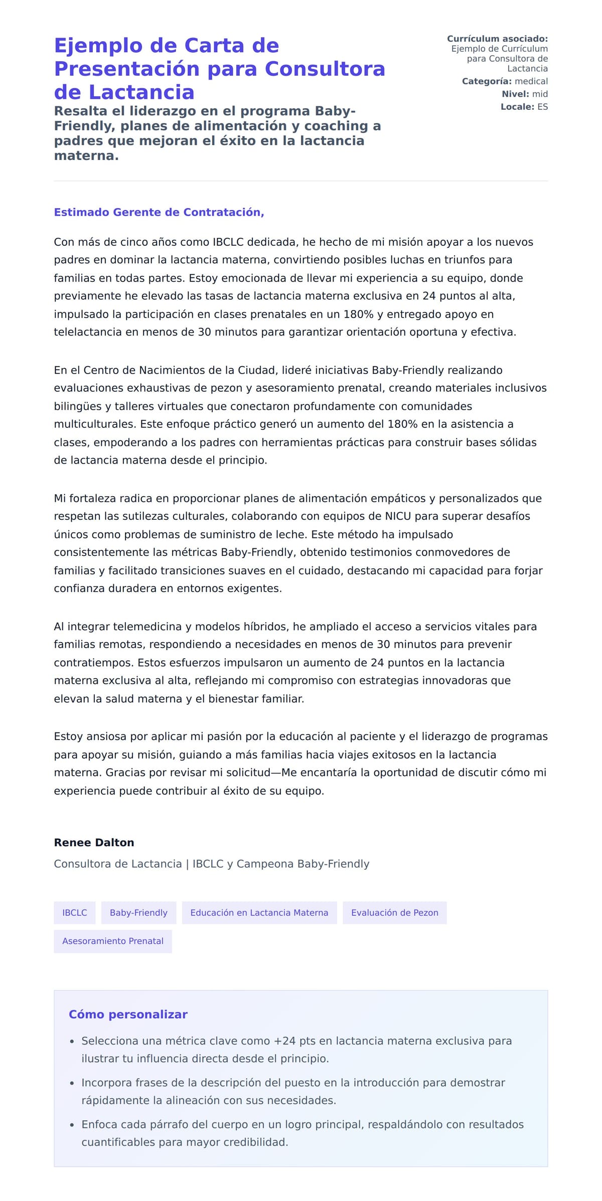Vista previa de la carta para Ejemplo de Carta de Presentación para Consultora de Lactancia