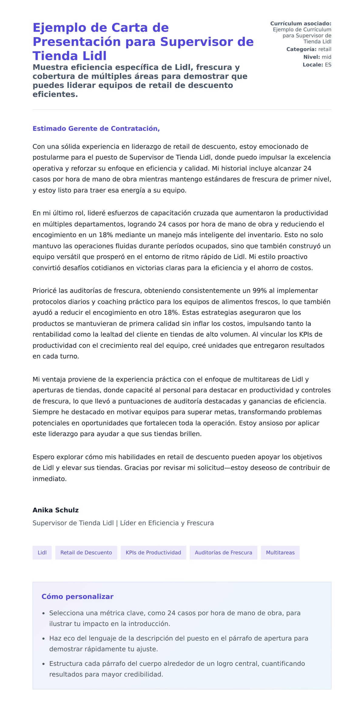 Vista previa de la carta para Ejemplo de Carta de Presentación para Supervisor de Tienda Lidl
