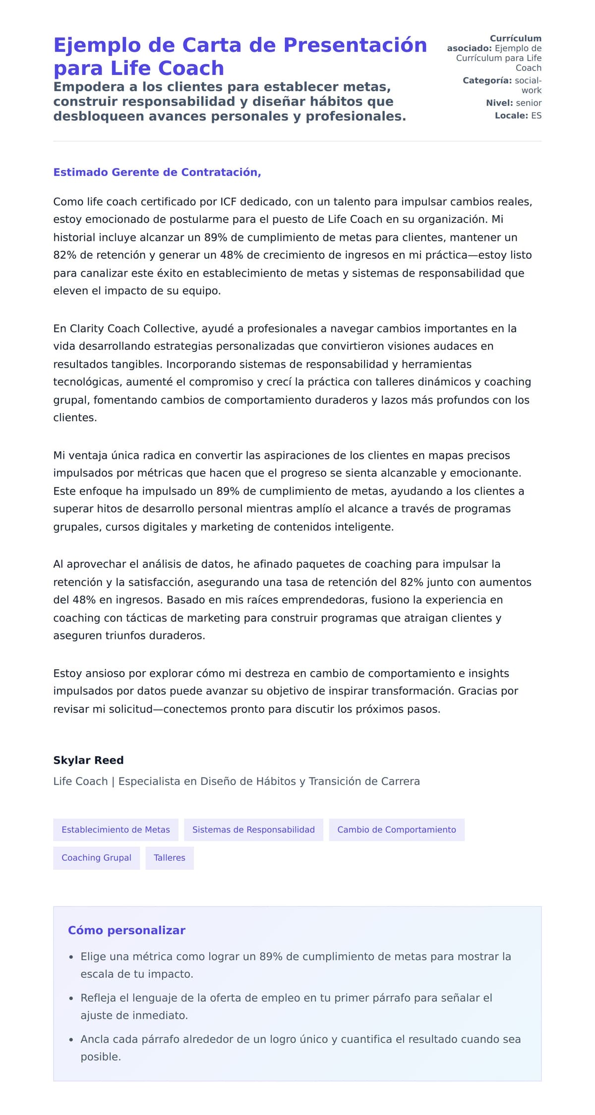 Vista previa de la carta para Ejemplo de Carta de Presentación para Life Coach