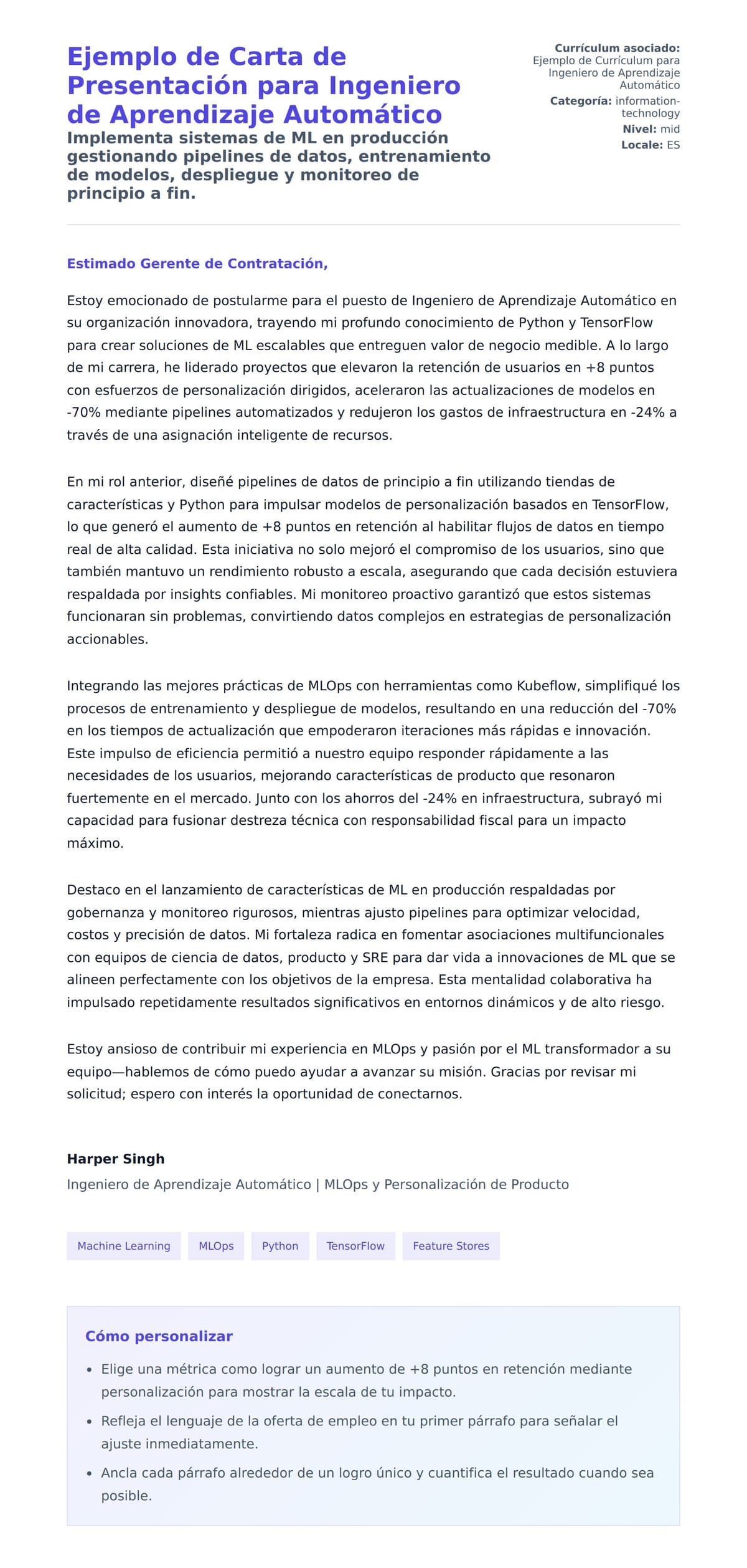 Vista previa de la carta para Ejemplo de Carta de Presentación para Ingeniero de Aprendizaje Automático