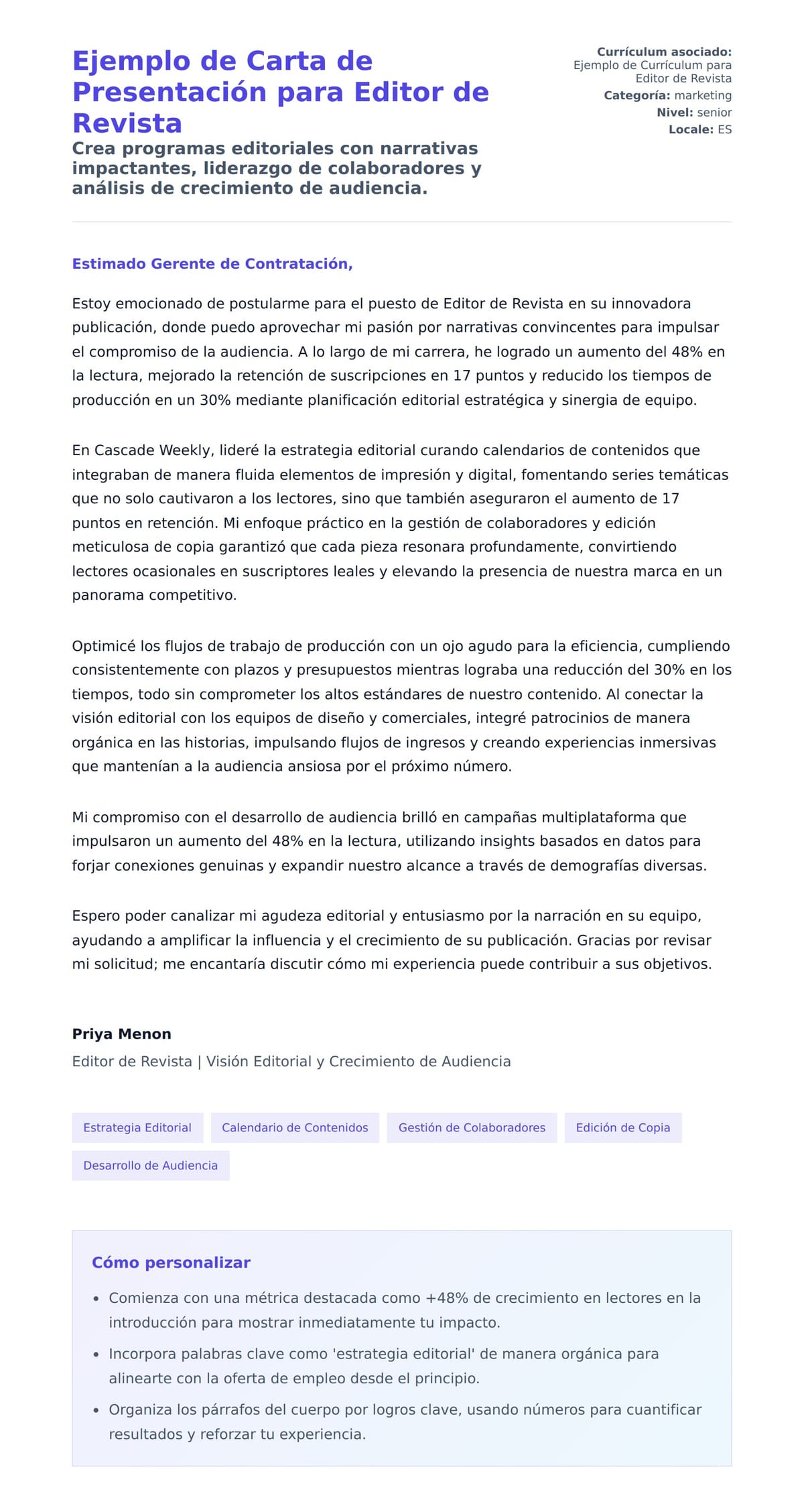 Vista previa de la carta para Ejemplo de Carta de Presentación para Editor de Revista