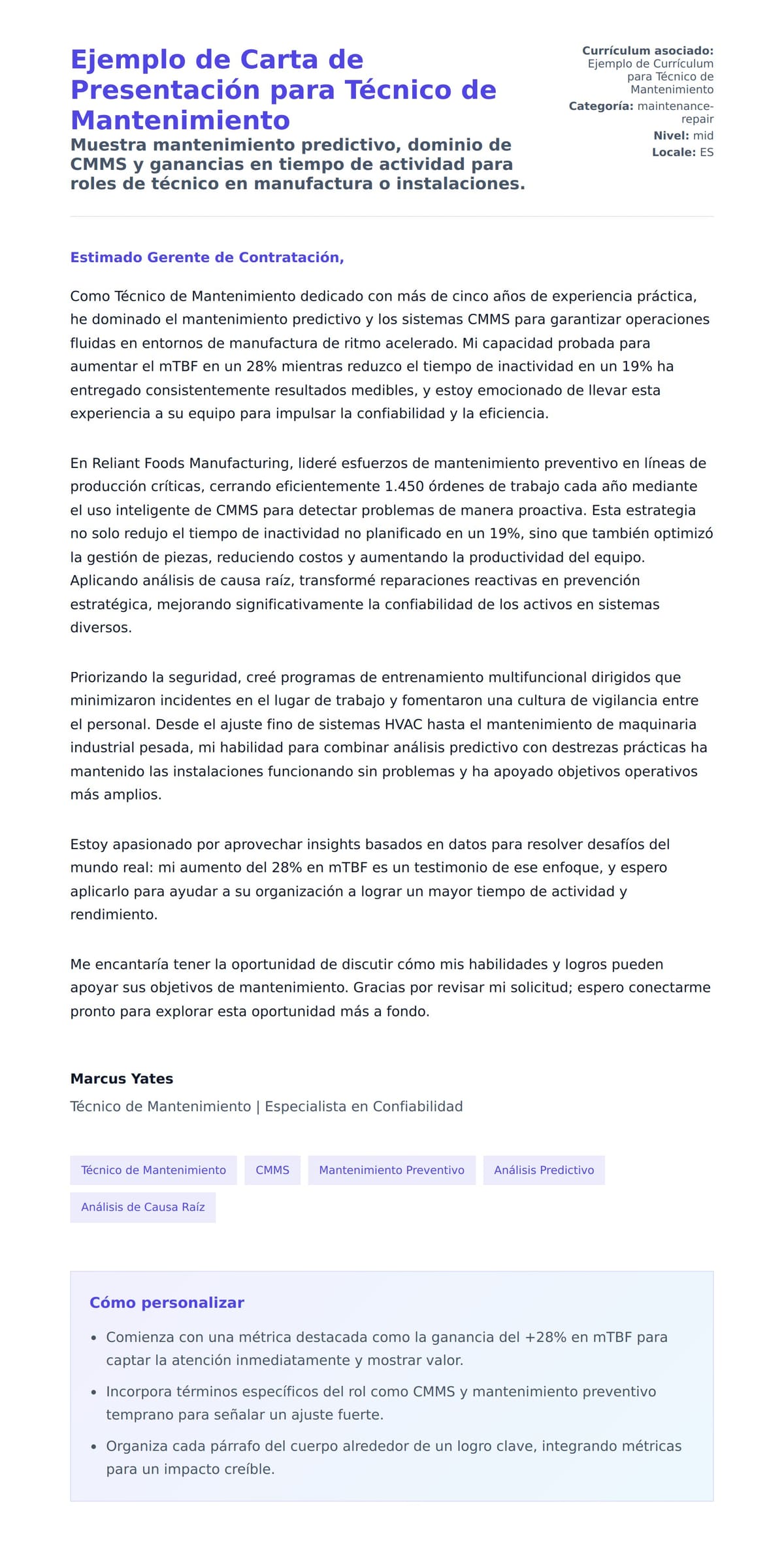 Vista previa de la carta para Ejemplo de Carta de Presentación para Técnico de Mantenimiento