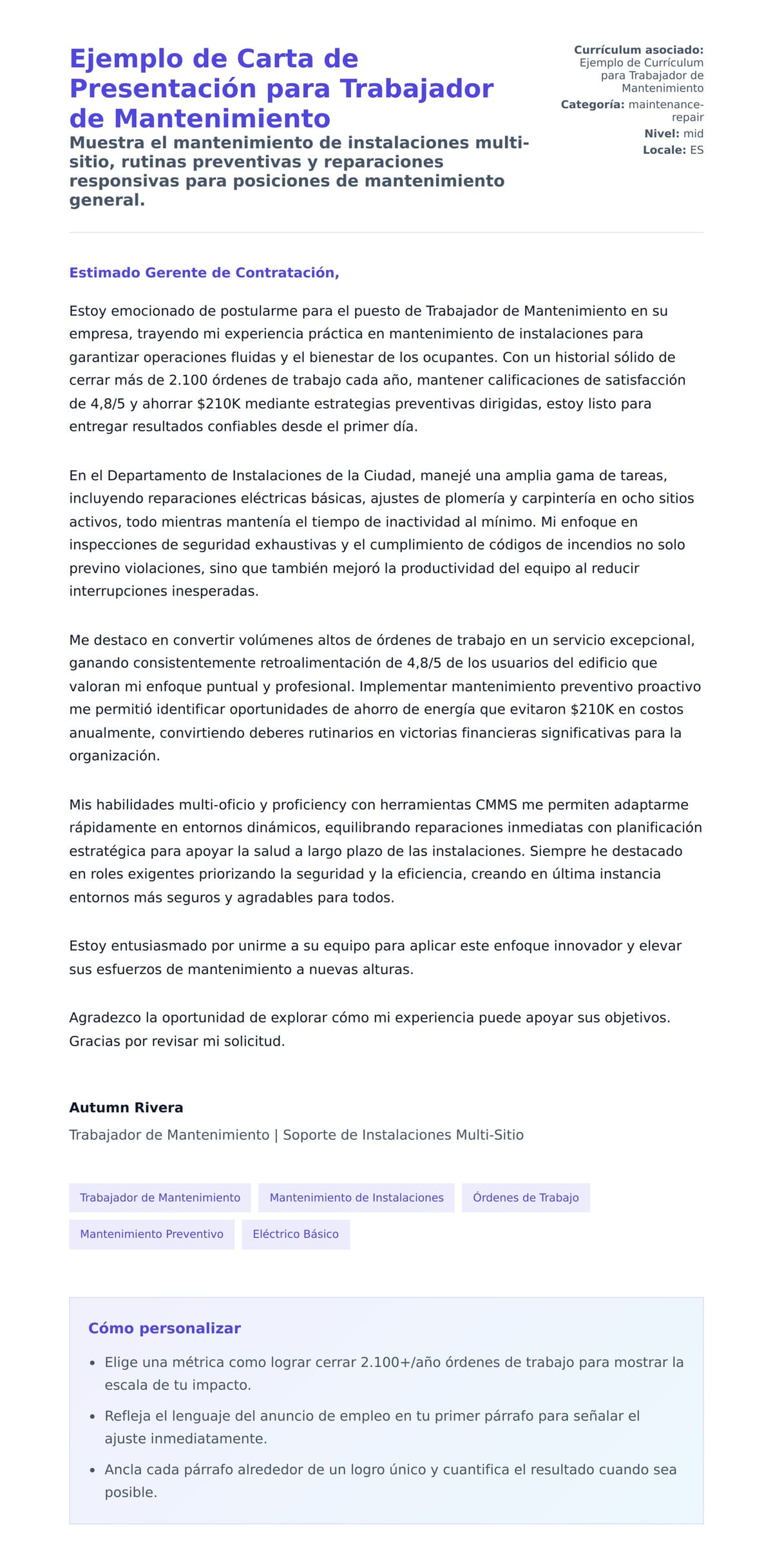 Vista previa de la carta para Ejemplo de Carta de Presentación para Trabajador de Mantenimiento