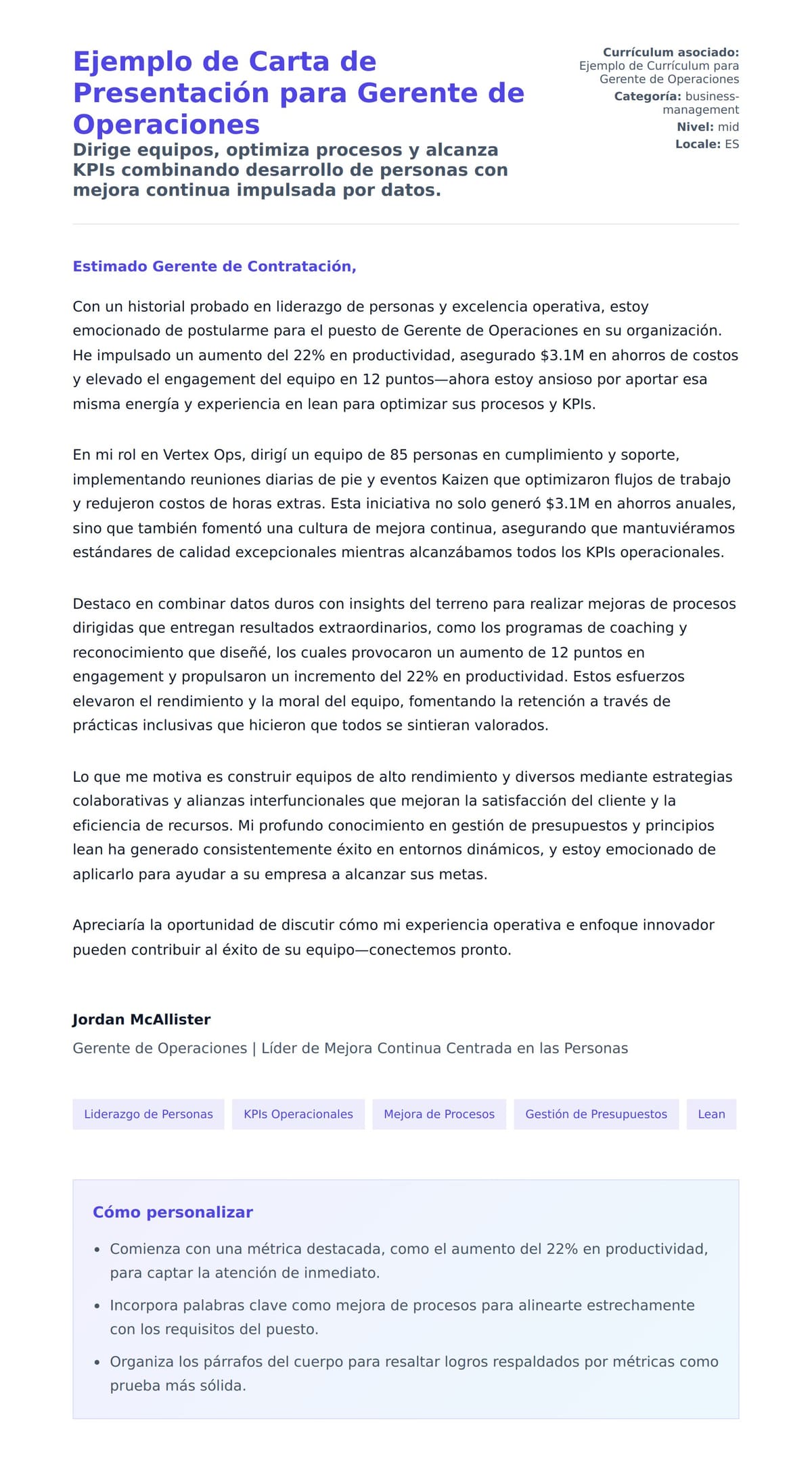 Vista previa de la carta para Ejemplo de Carta de Presentación para Gerente de Operaciones