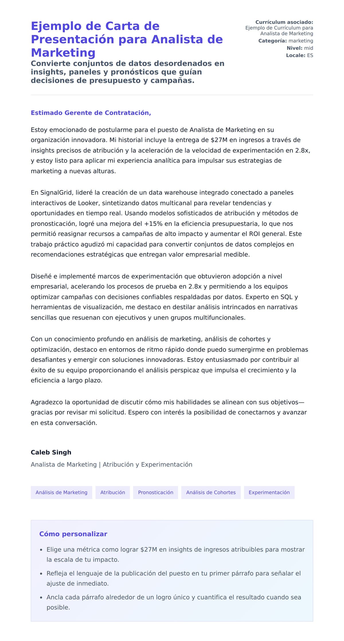 Vista previa de la carta para Ejemplo de Carta de Presentación para Analista de Marketing