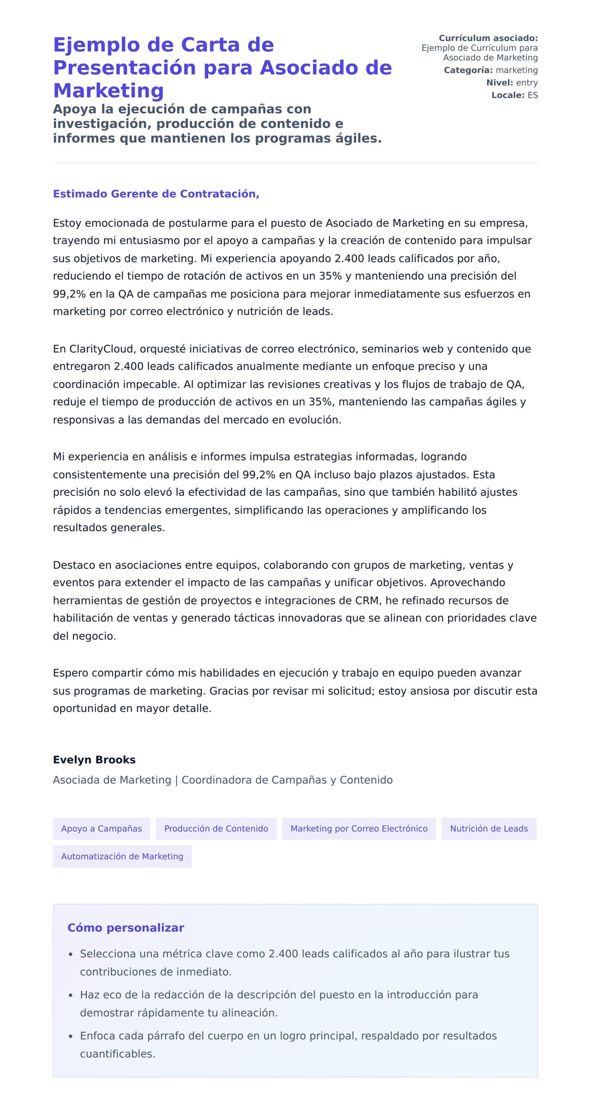 Vista previa de la carta para Ejemplo de Carta de Presentación para Asociado de Marketing