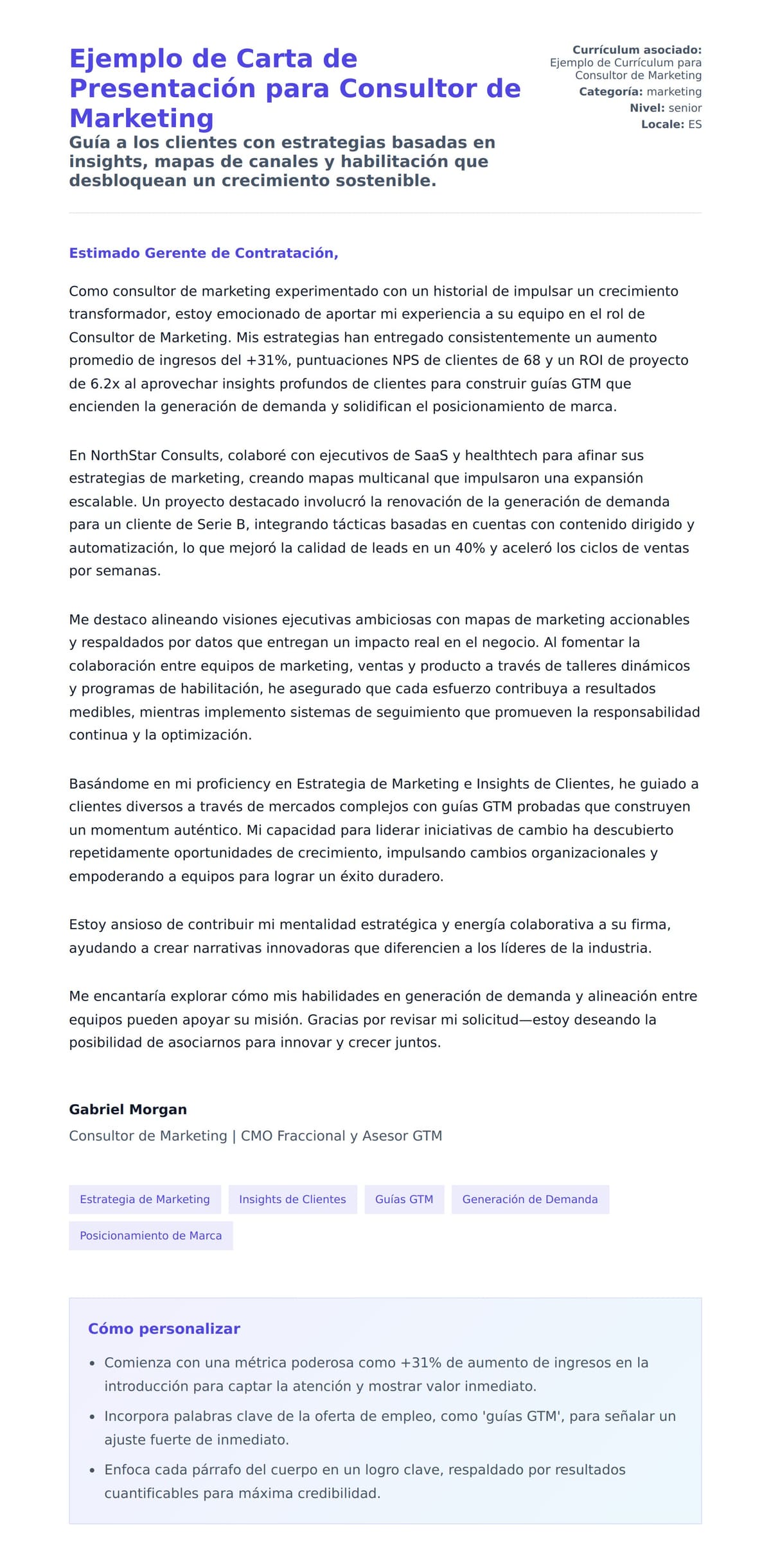 Vista previa de la carta para Ejemplo de Carta de Presentación para Consultor de Marketing