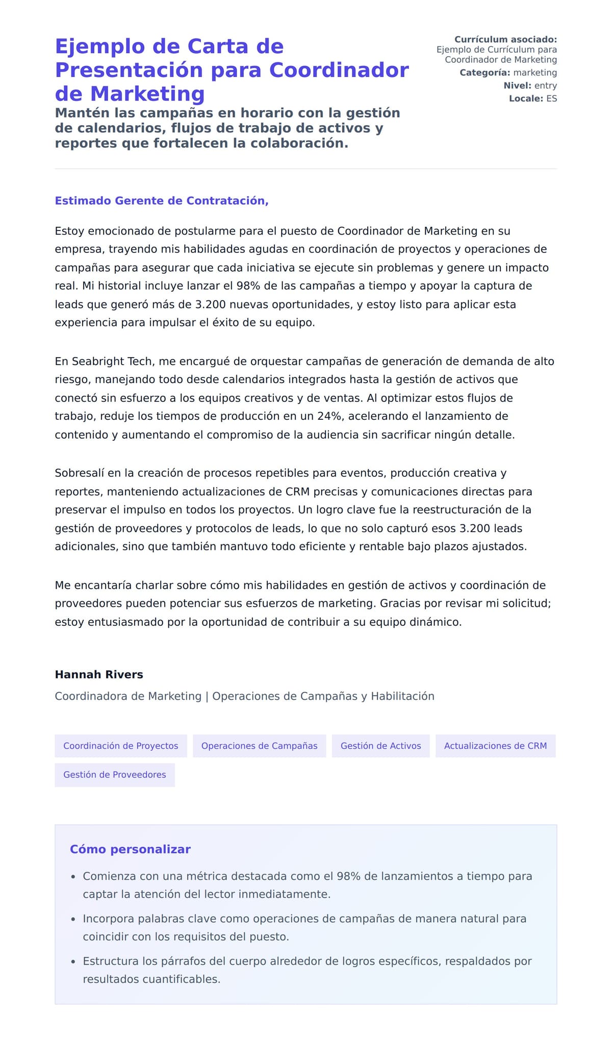 Vista previa de la carta para Ejemplo de Carta de Presentación para Coordinador de Marketing