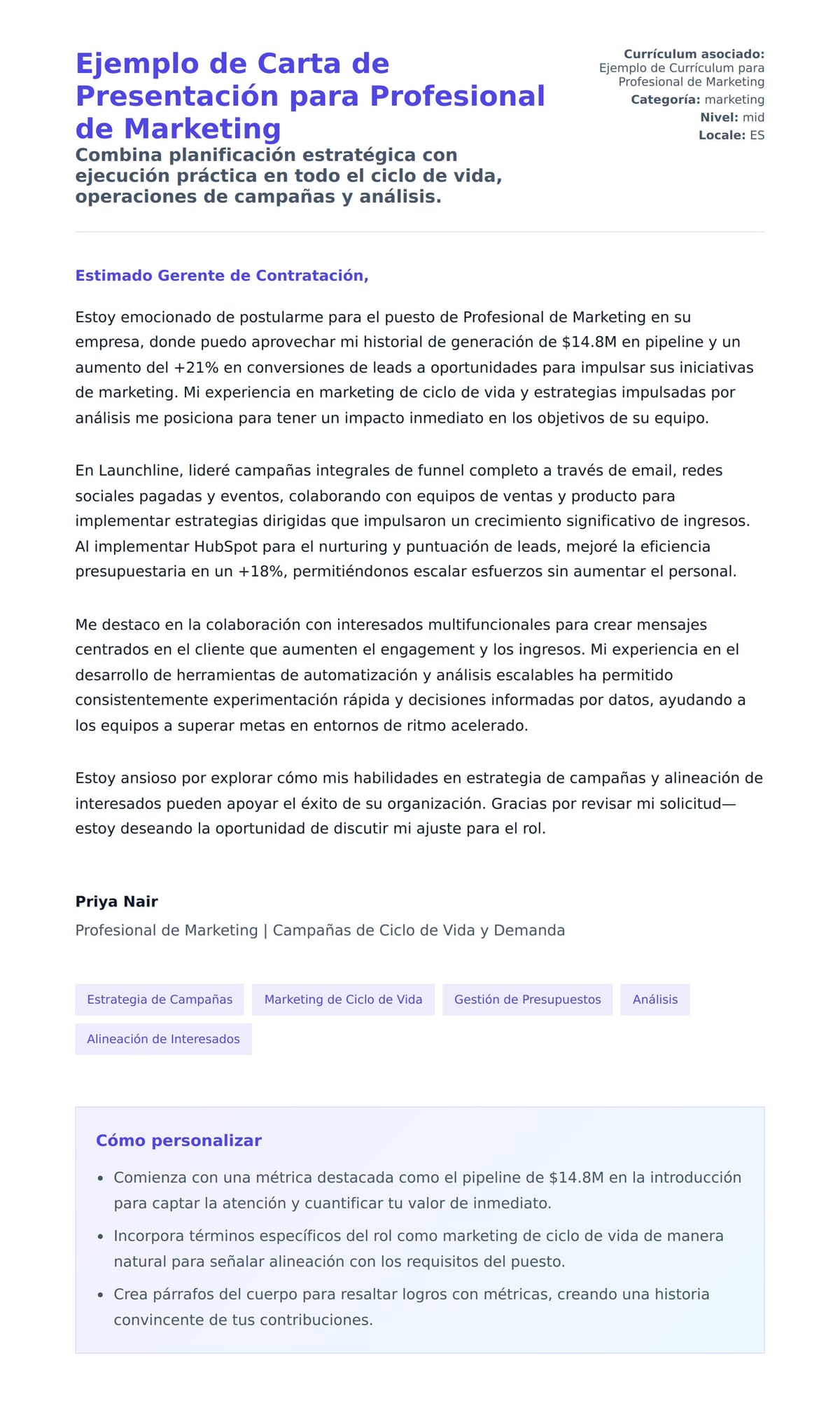 Vista previa de la carta para Ejemplo de Carta de Presentación para Profesional de Marketing