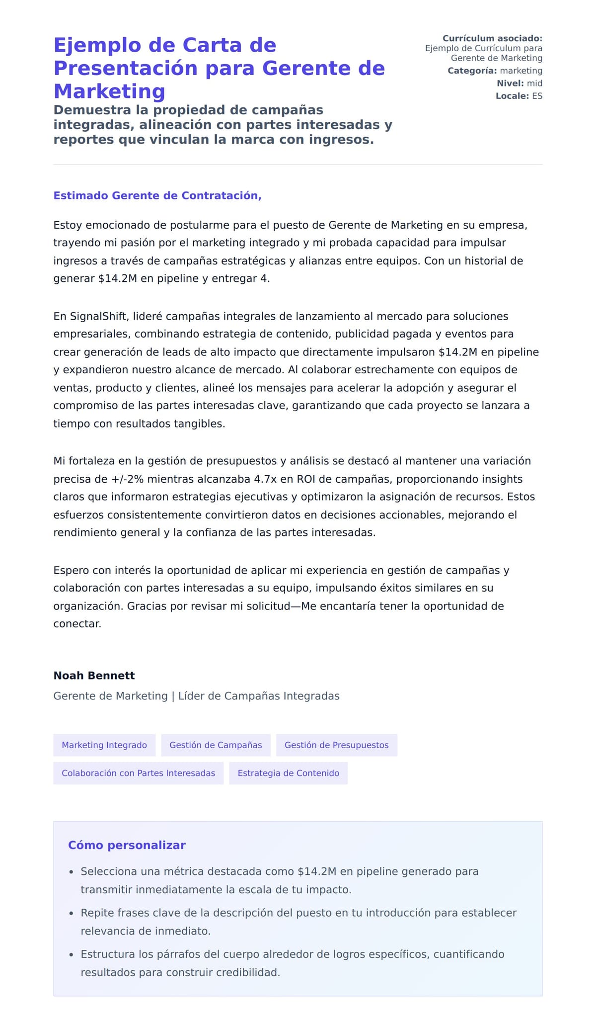 Vista previa de la carta para Ejemplo de Carta de Presentación para Gerente de Marketing