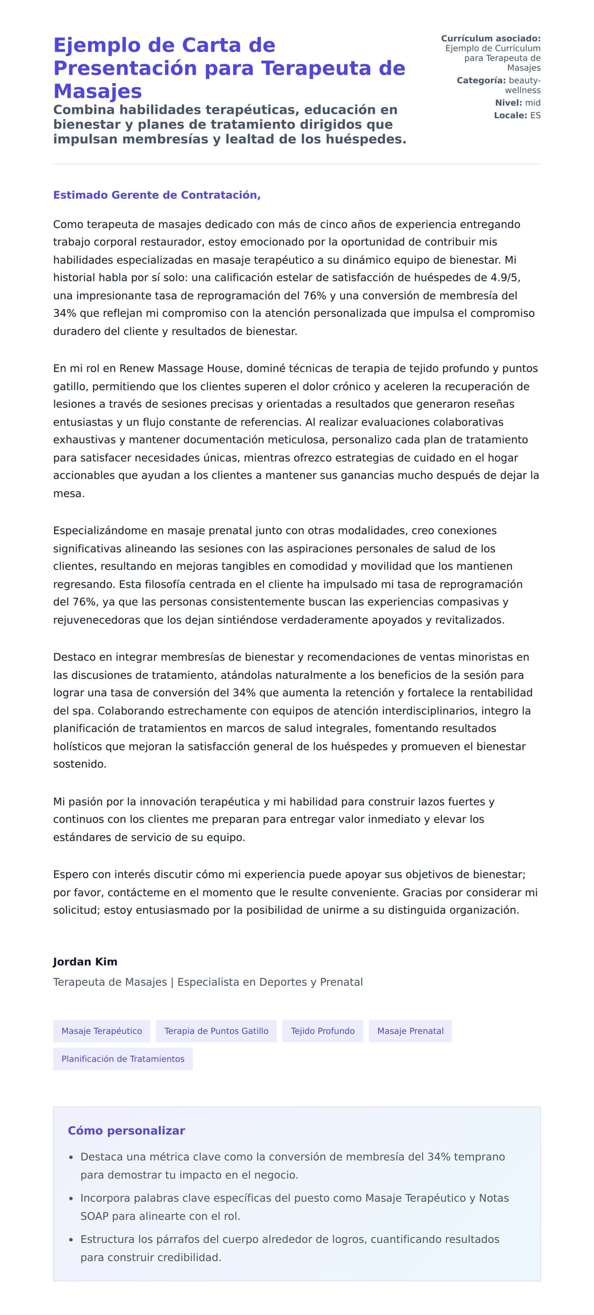Ejemplo de Carta de Presentación para Terapeuta de Masajes