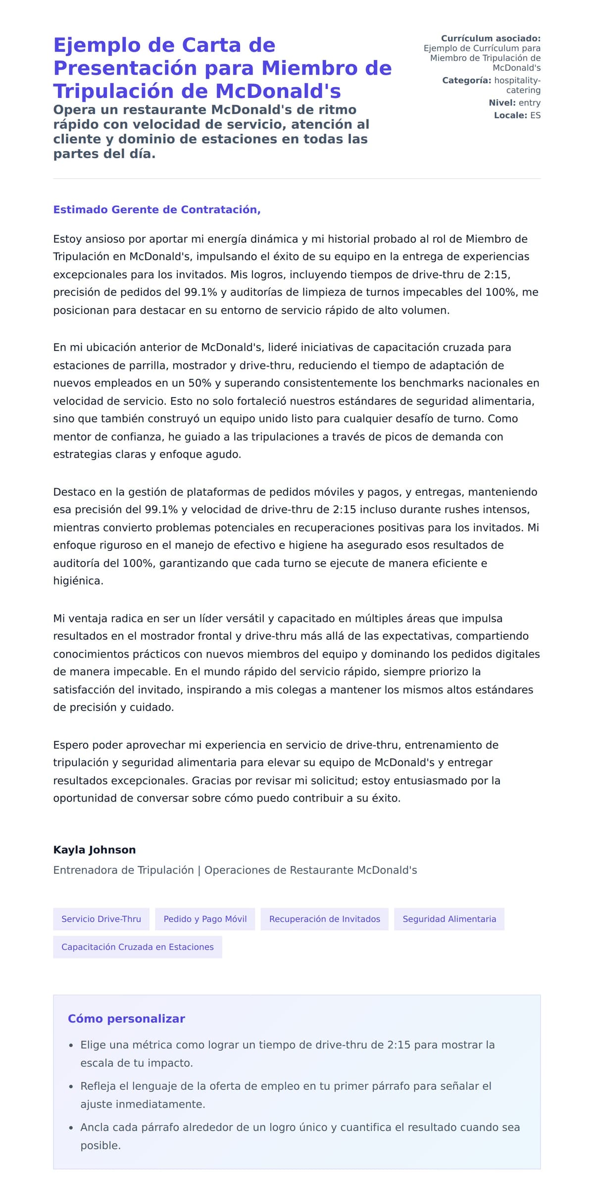 Vista previa de la carta para Ejemplo de Carta de Presentación para Miembro de Tripulación de McDonald's