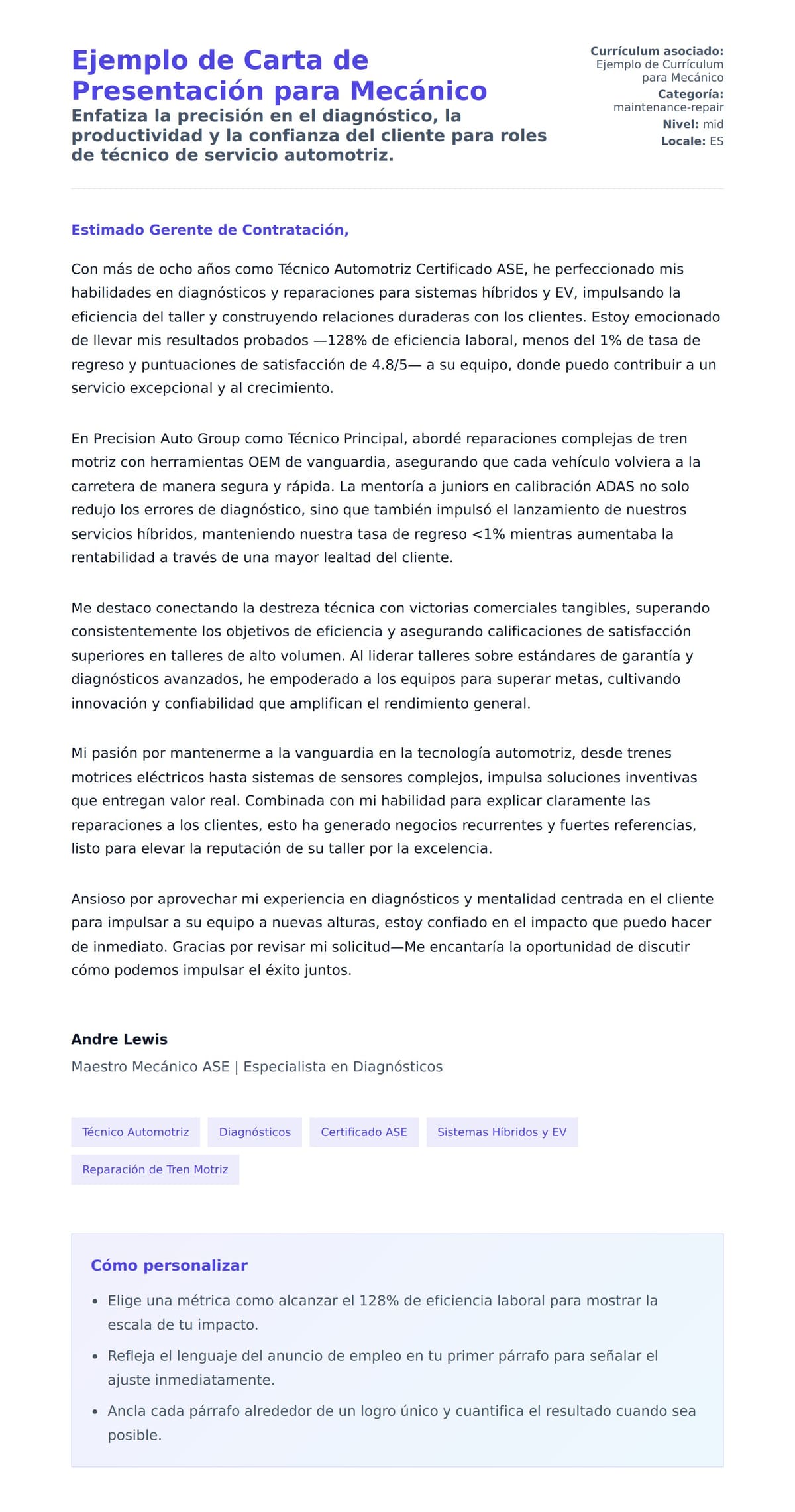 Vista previa de la carta para Ejemplo de Carta de Presentación para Mecánico